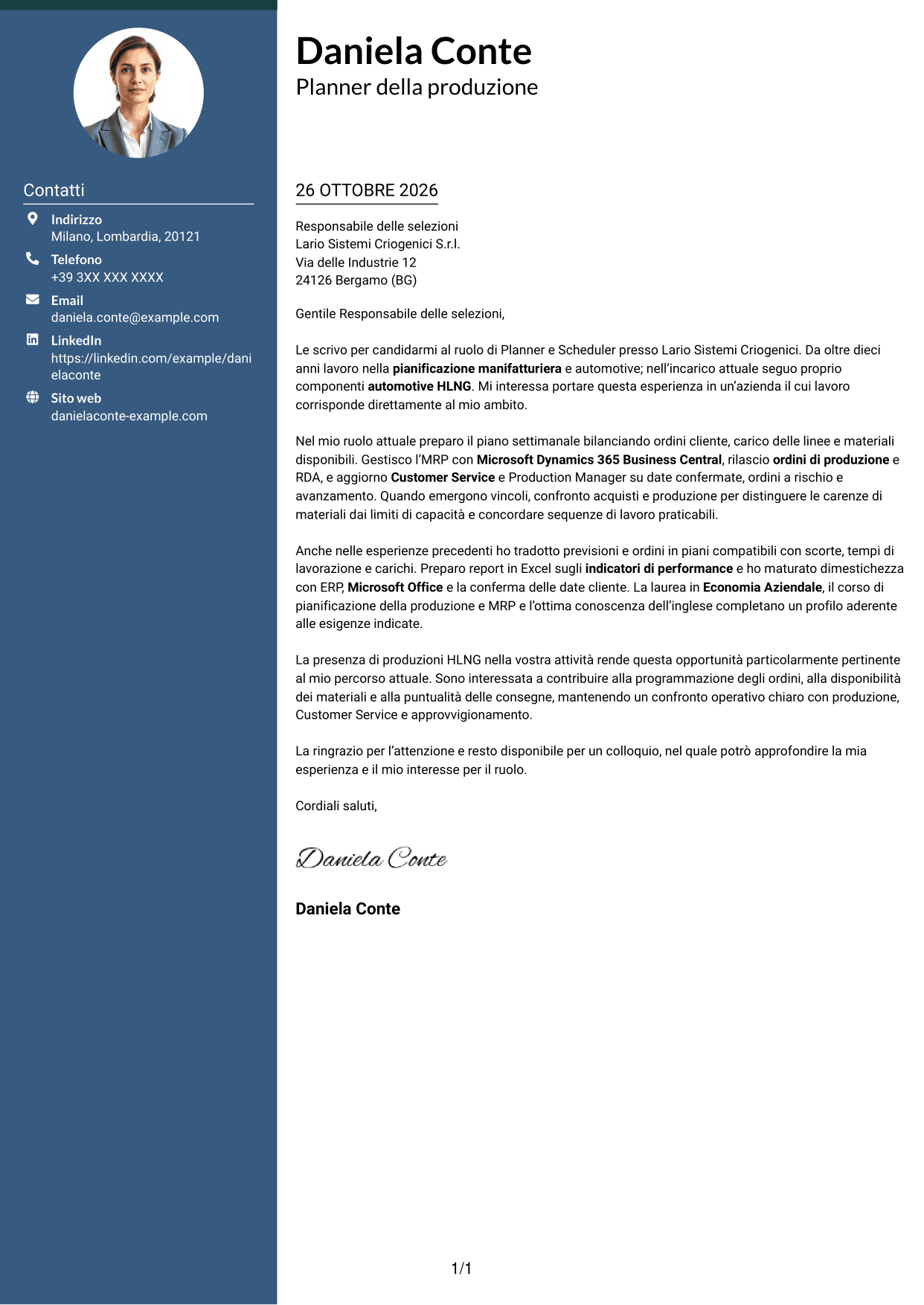 Lettera di presentazione Elegante (formato con colonna laterale colorata e foto): Planner e Scheduler - Automotive HLNG, pagina 1