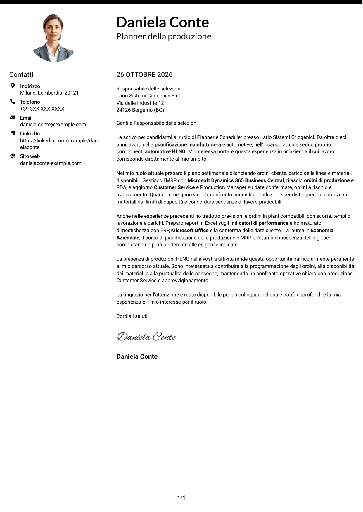 Lettera di presentazione Moderno (formato a due colonne con foto a sinistra e separatore): Planner e Scheduler - Automotive HLNG, pagina 1