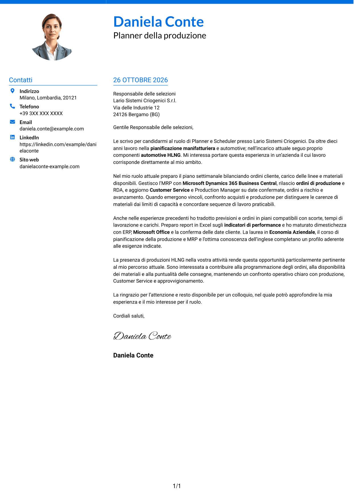 Lettera di presentazione Audace (formato a due colonne con accenti colorati e foto): Planner e Scheduler - Automotive HLNG, pagina 1