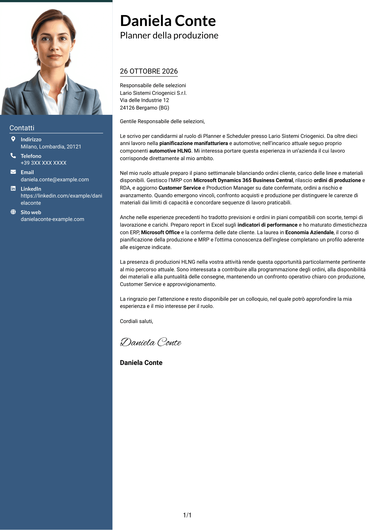 Lettera di presentazione Signature (formato con colonna laterale colorata e foto grande): Planner e Scheduler - Automotive HLNG, pagina 1