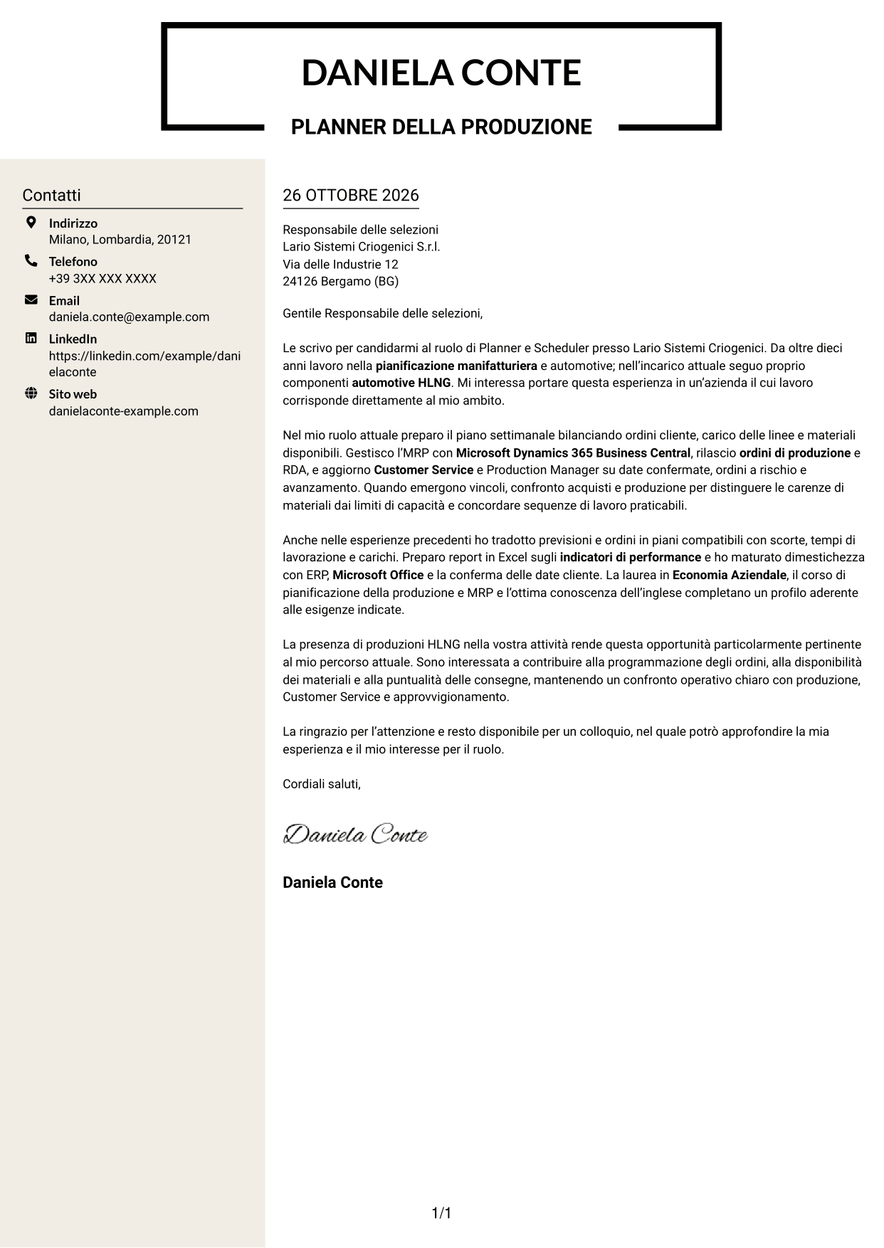 Lettera di presentazione Intraprendente (formato a due colonne con intestazione centrata senza foto): Planner e Scheduler - Automotive HLNG, pagina 1