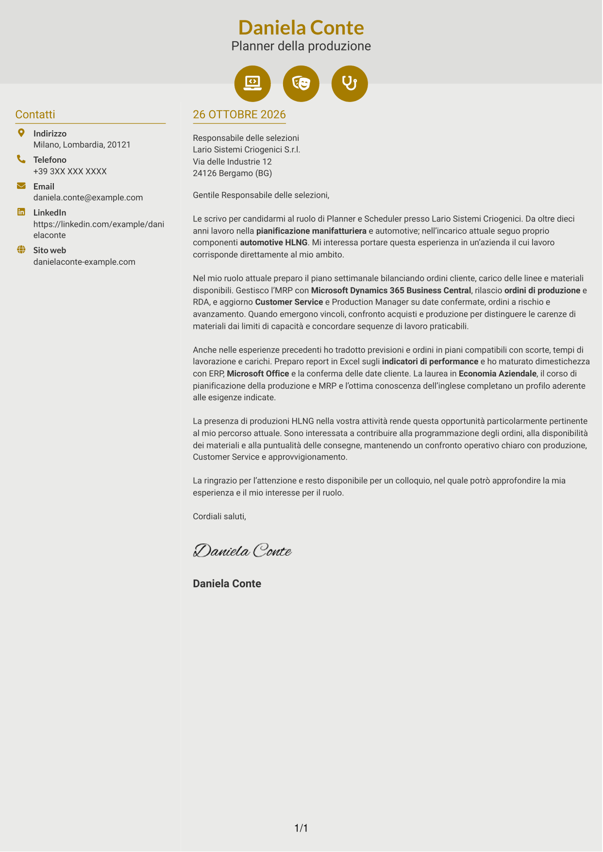 Lettera di presentazione Dinamico (formato a due colonne con icone): Planner e Scheduler - Automotive HLNG, pagina 1