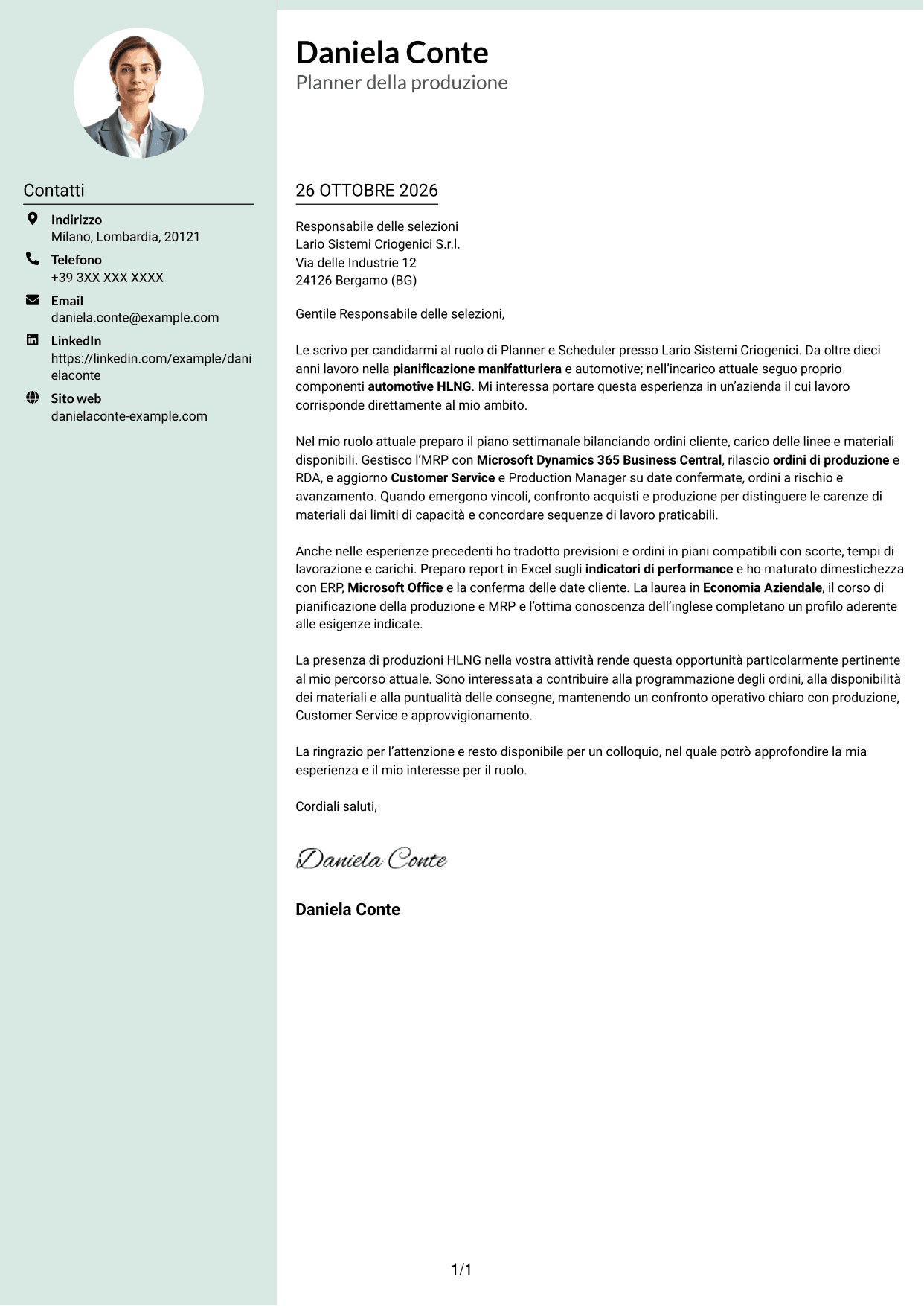 Lettera di presentazione Dirigente (formato con colonna laterale tenue e foto arrotondata): Planner e Scheduler - Automotive HLNG, pagina 1