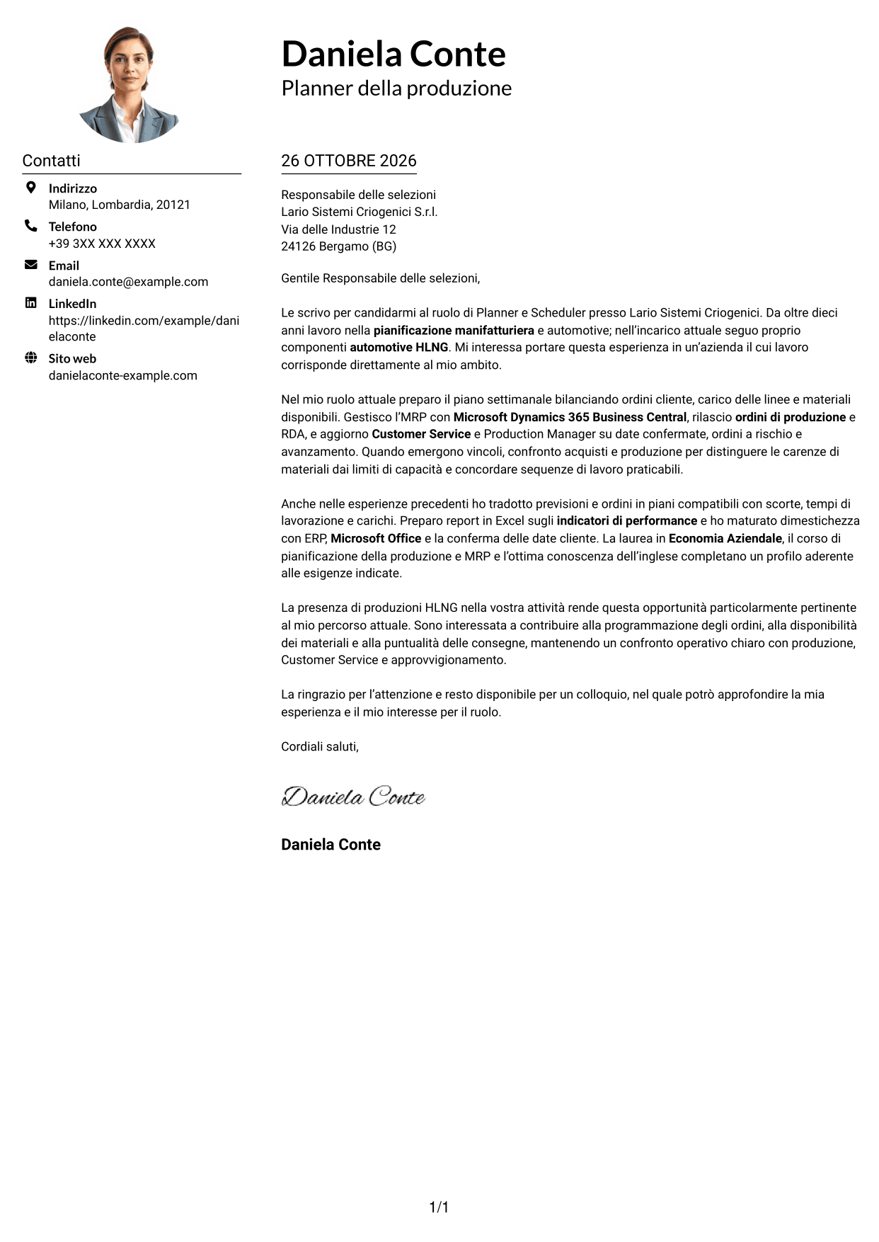 Esempio di lettera di presentazione — pagina 1