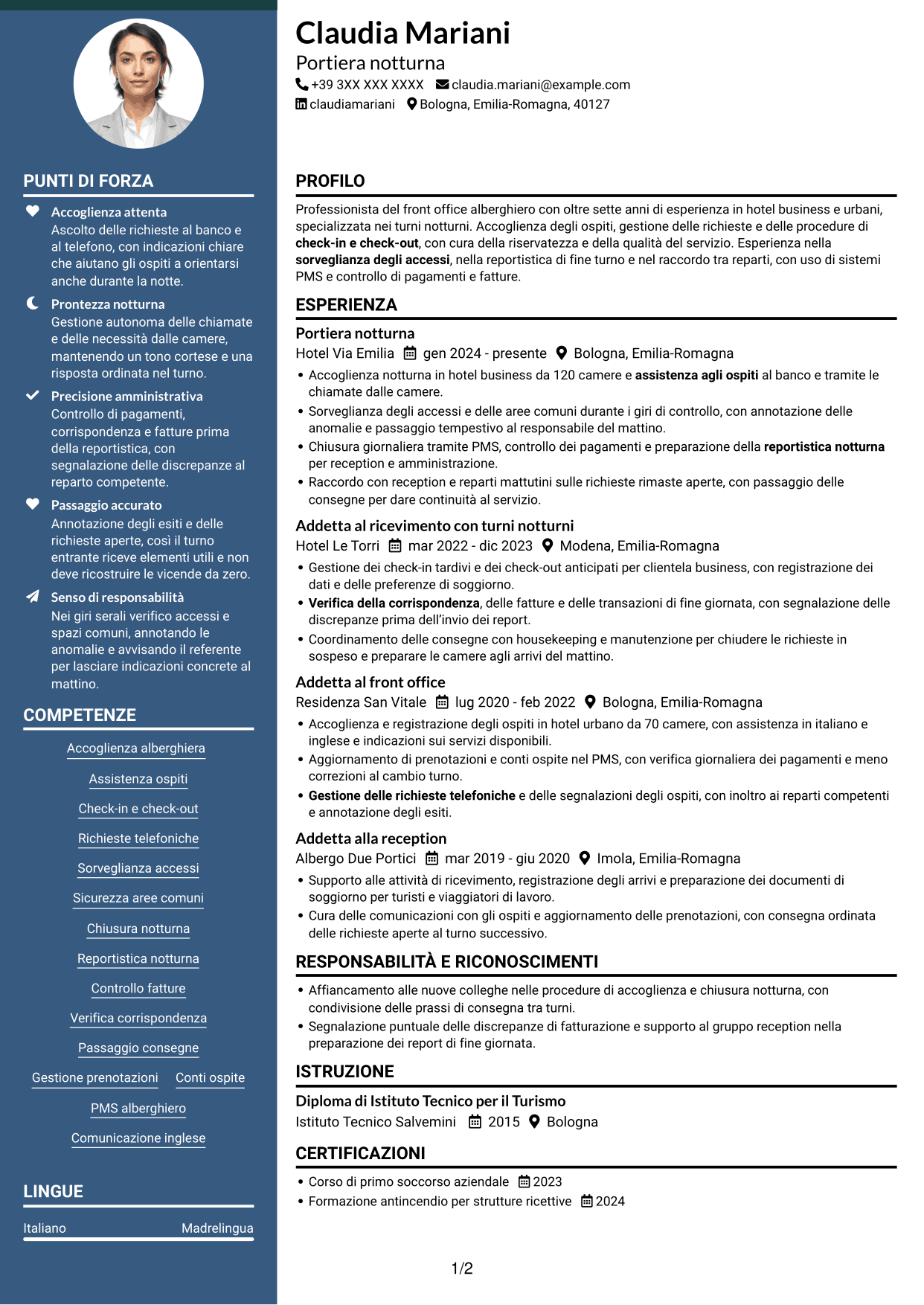 CV Elegante (formato con colonna laterale colorata e foto): Portiere Notturno, pagina 1