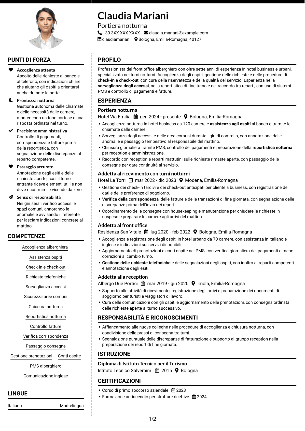 CV Moderno (formato a due colonne con foto a sinistra e separatore): Portiere Notturno, pagina 1