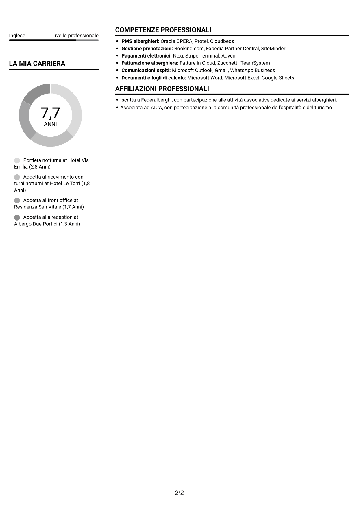 CV Moderno (formato a due colonne con foto a sinistra e separatore): Portiere Notturno, pagina 2