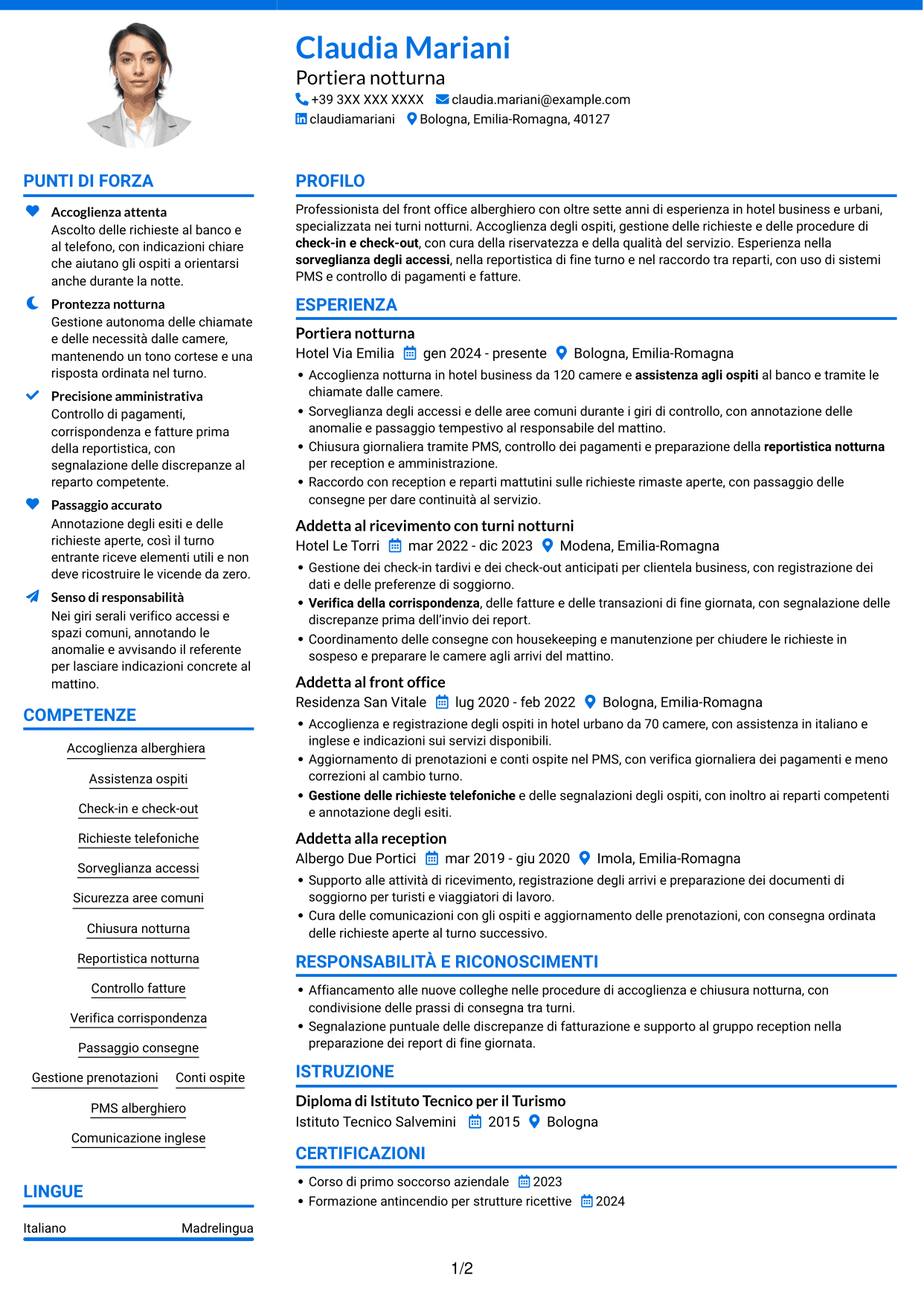 CV Audace (formato a due colonne con accenti colorati e foto): Portiere Notturno, pagina 1