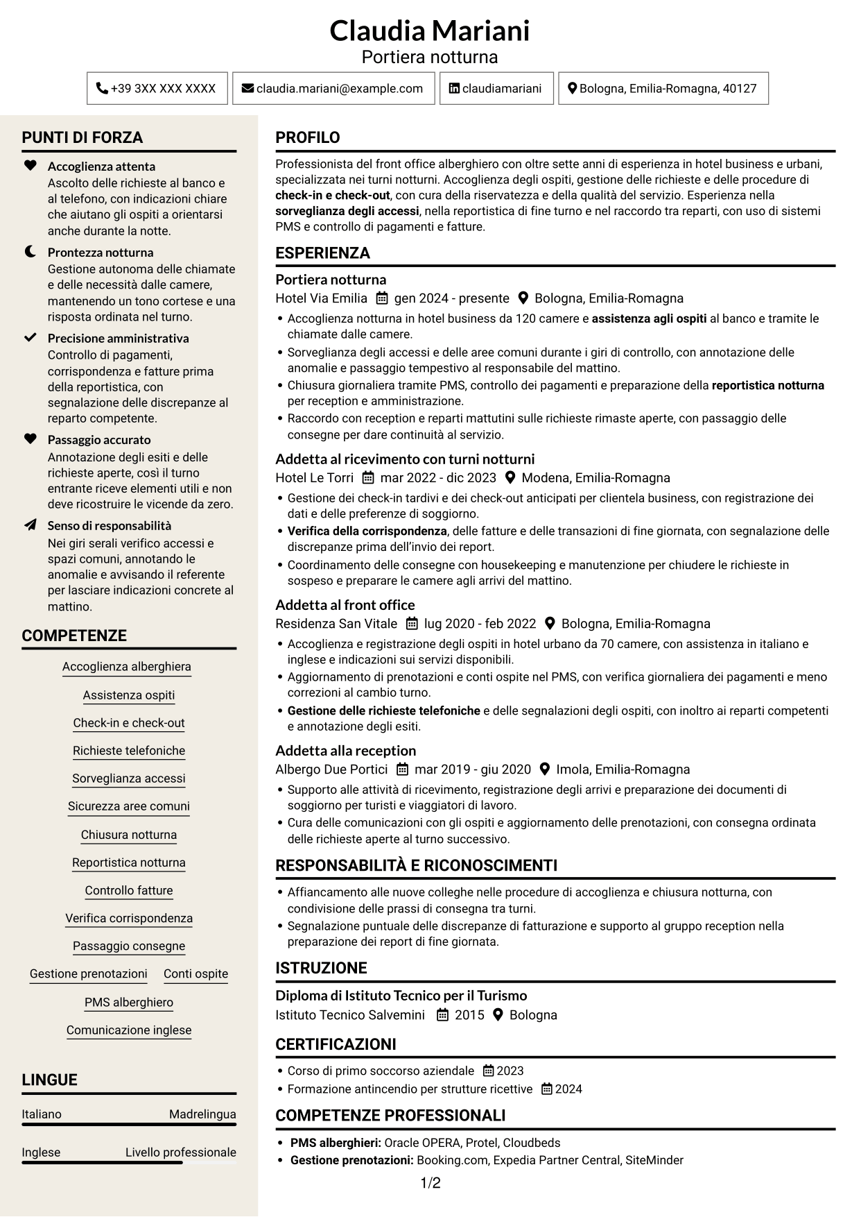 CV Intraprendente (formato a due colonne con intestazione centrata senza foto): Portiere Notturno, pagina 1