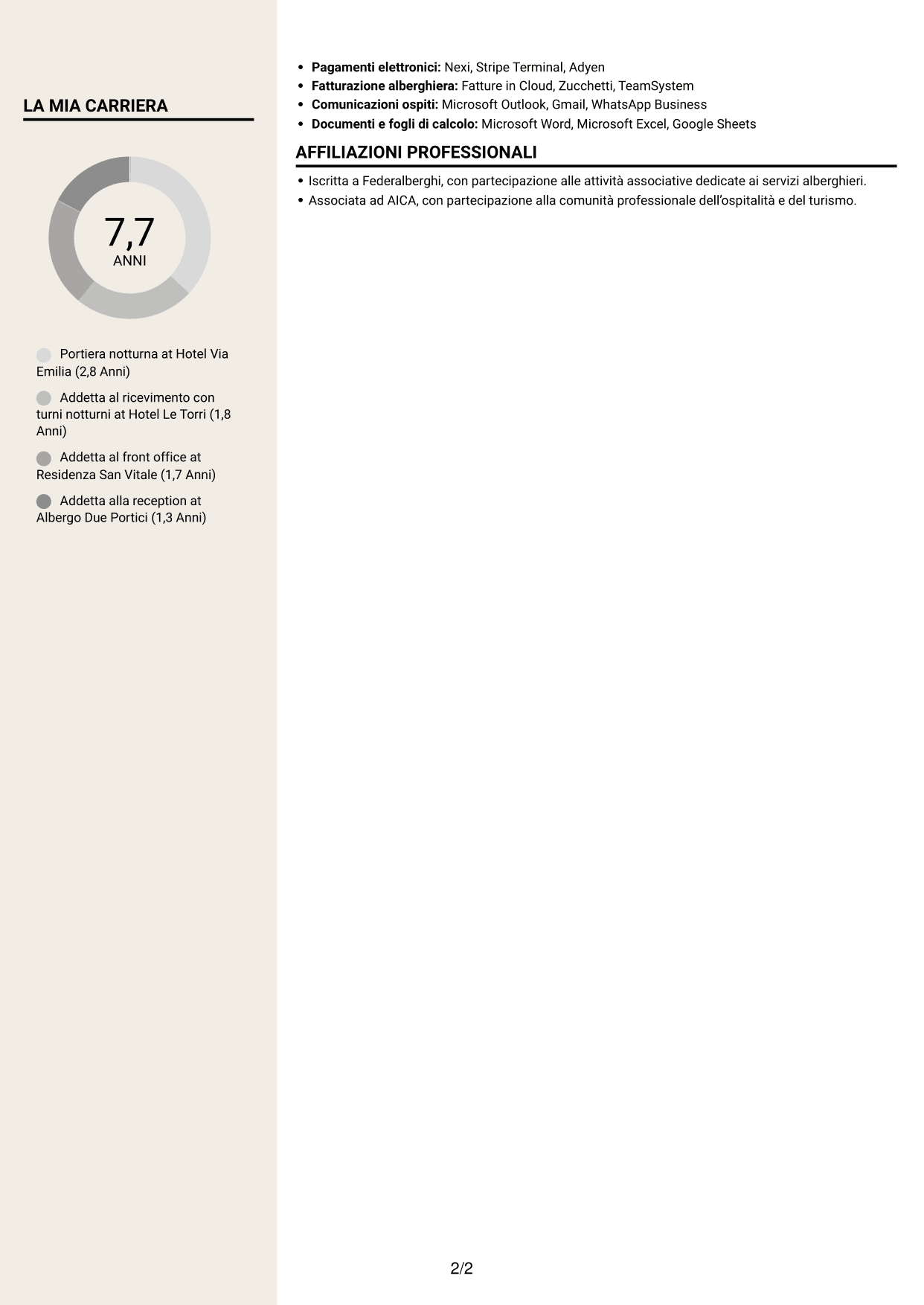 CV Intraprendente (formato a due colonne con intestazione centrata senza foto): Portiere Notturno, pagina 2