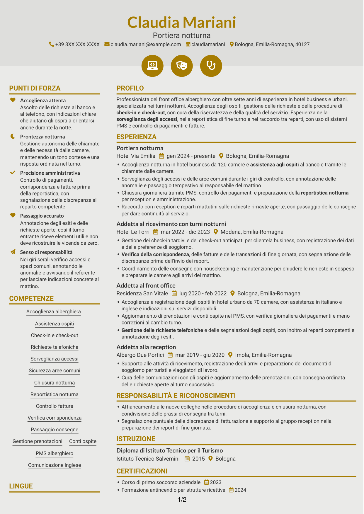 CV Dinamico (formato a due colonne con icone): Portiere Notturno, pagina 1