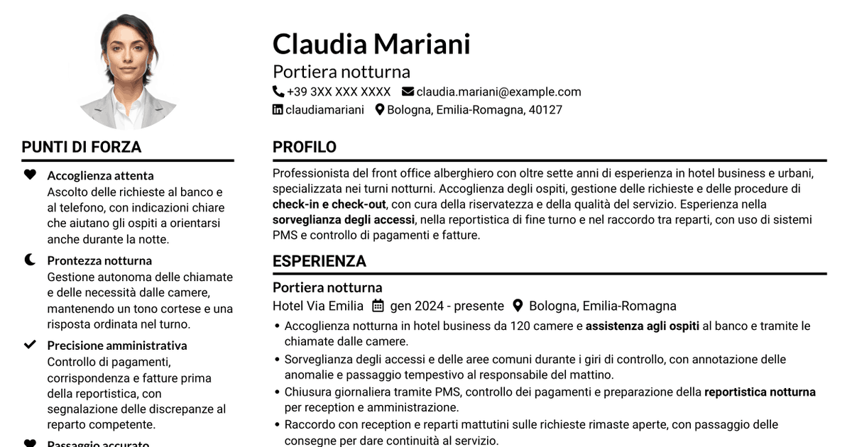 7 modelli di CV per Portiere Notturno, con esempi
