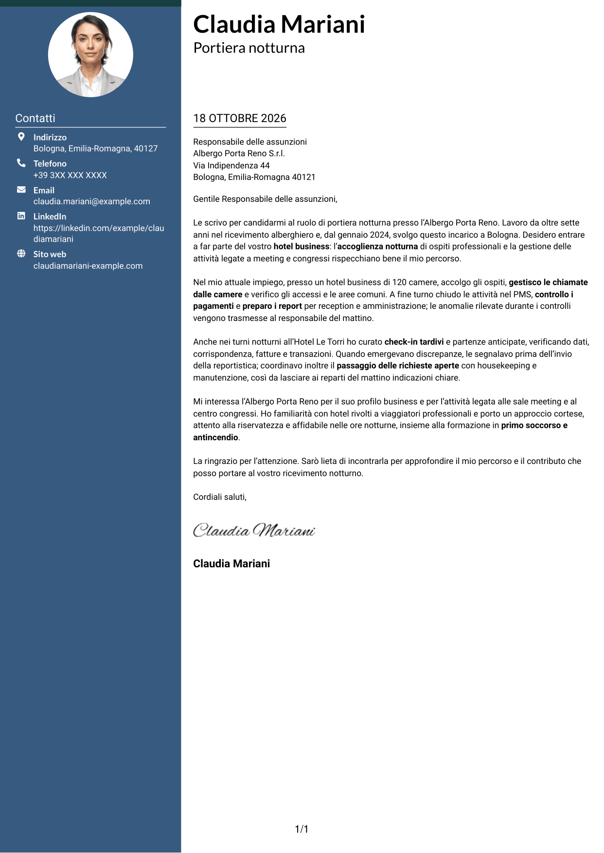 Lettera di presentazione Elegante (formato con colonna laterale colorata e foto): Portiere Notturno, pagina 1
