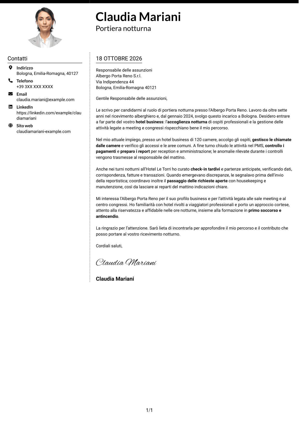 Lettera di presentazione Moderno (formato a due colonne con foto a sinistra e separatore): Portiere Notturno, pagina 1