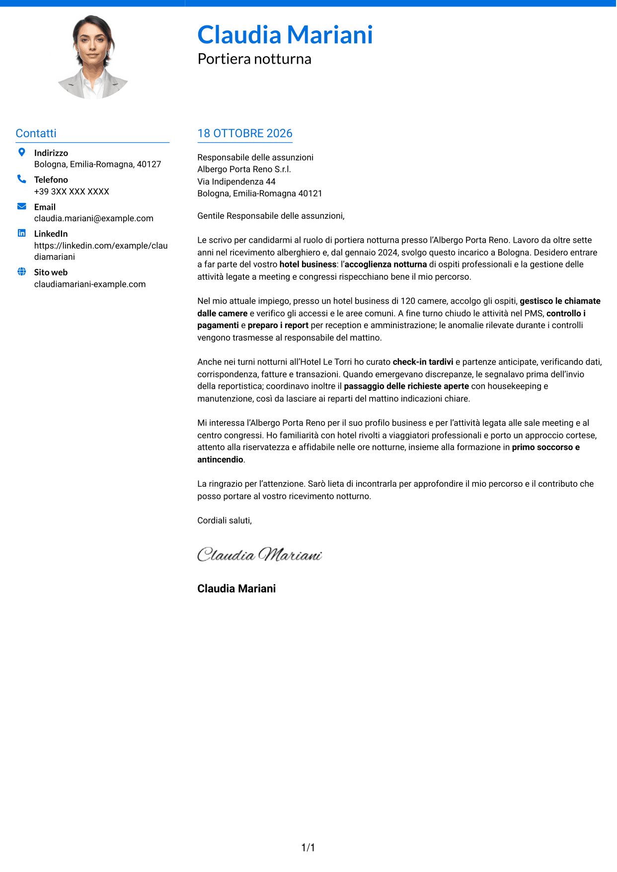 Lettera di presentazione Audace (formato a due colonne con accenti colorati e foto): Portiere Notturno, pagina 1