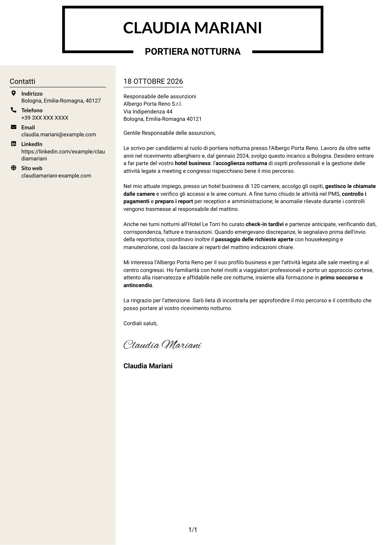 Lettera di presentazione Intraprendente (formato a due colonne con intestazione centrata senza foto): Portiere Notturno, pagina 1