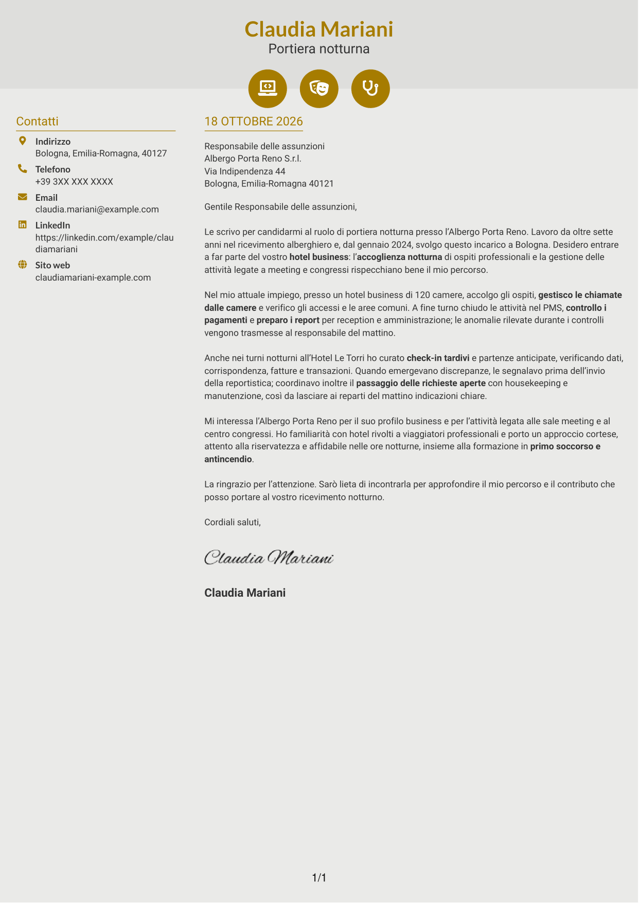 Lettera di presentazione Dinamico (formato a due colonne con icone): Portiere Notturno, pagina 1