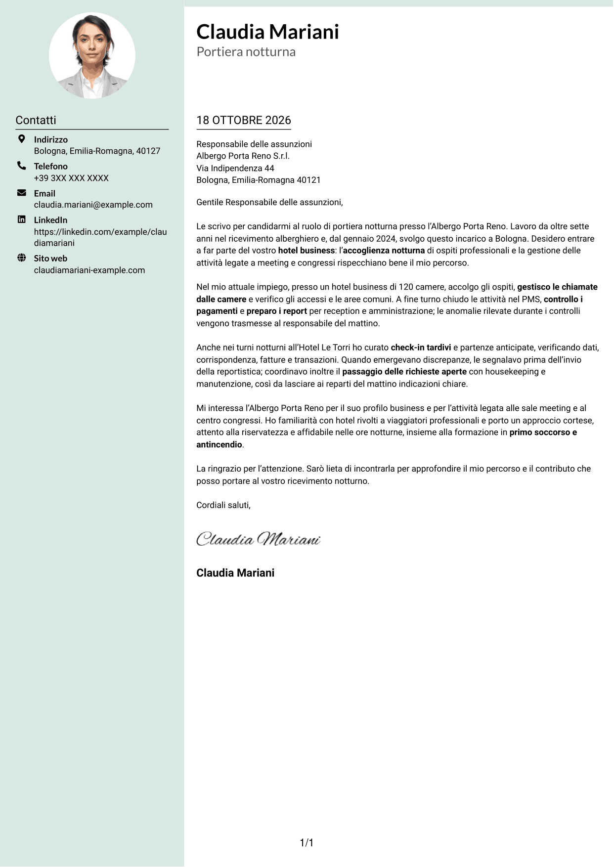 Lettera di presentazione Dirigente (formato con colonna laterale tenue e foto arrotondata): Portiere Notturno, pagina 1