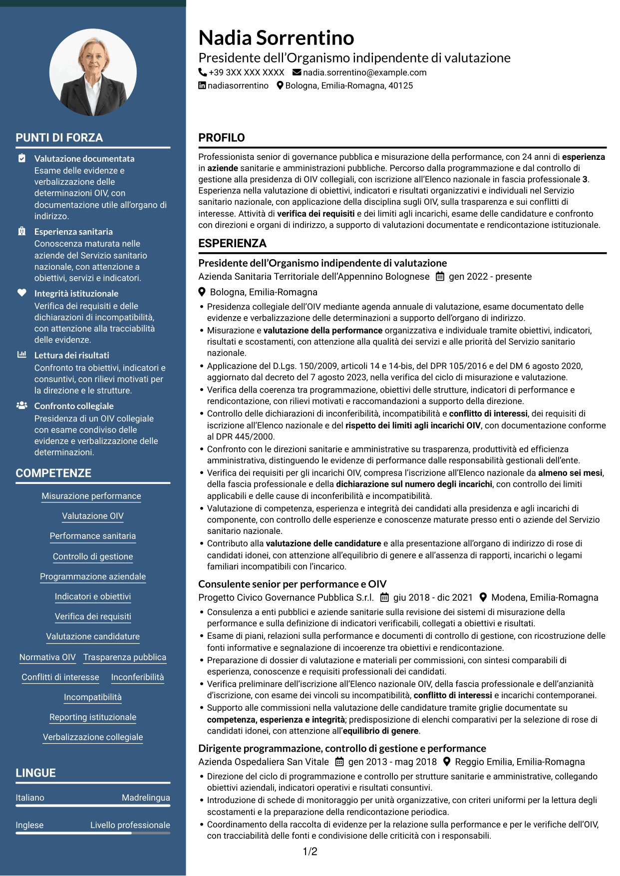 CV Elegante (formato con colonna laterale colorata e foto): Presidente e componenti dell’OIV - Valutazione della performance sanitaria, pagina 1