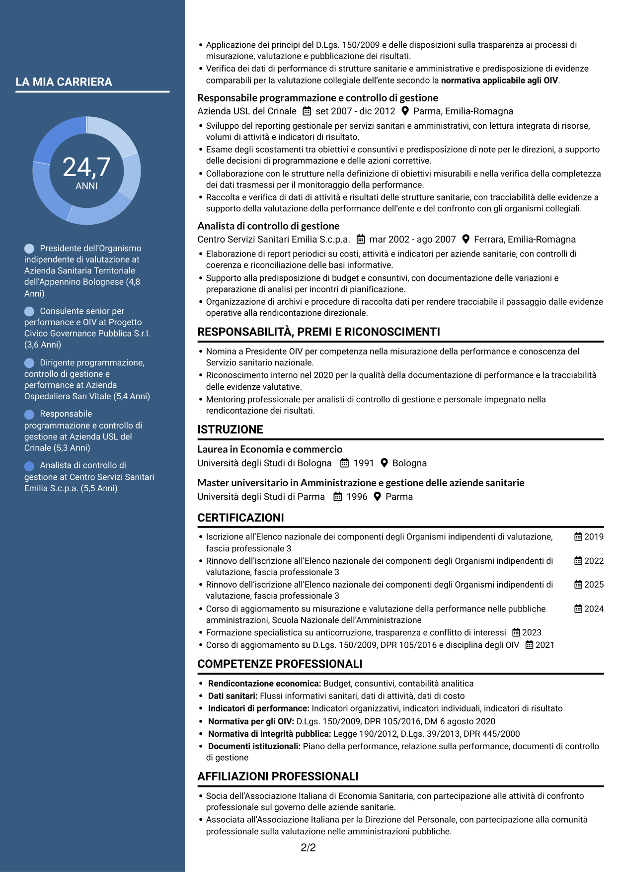 CV Elegante (formato con colonna laterale colorata e foto): Presidente e componenti dell’OIV - Valutazione della performance sanitaria, pagina 2