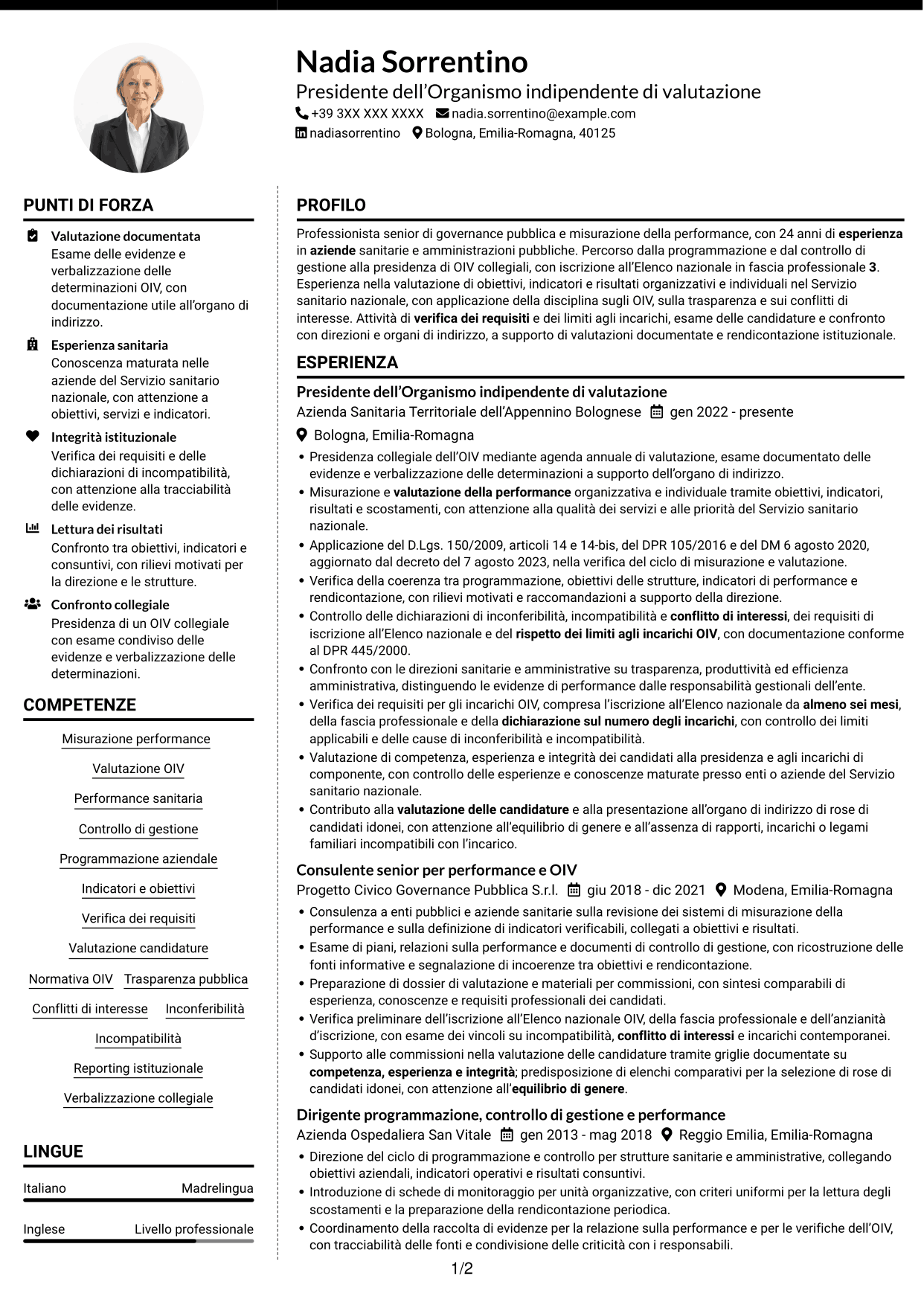 CV Moderno (formato a due colonne con foto a sinistra e separatore): Presidente e componenti dell’OIV - Valutazione della performance sanitaria, pagina 1