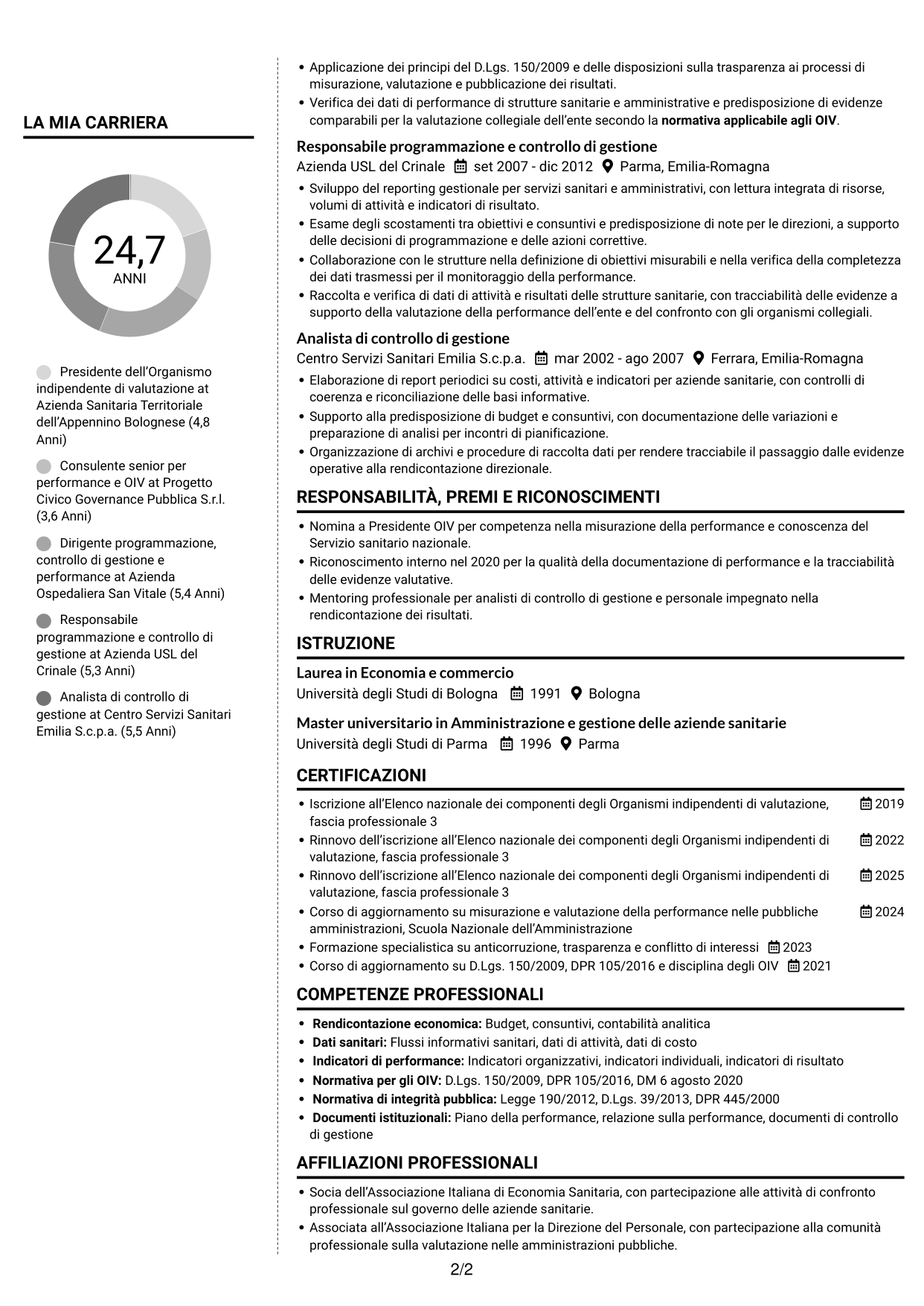 CV Moderno (formato a due colonne con foto a sinistra e separatore): Presidente e componenti dell’OIV - Valutazione della performance sanitaria, pagina 2