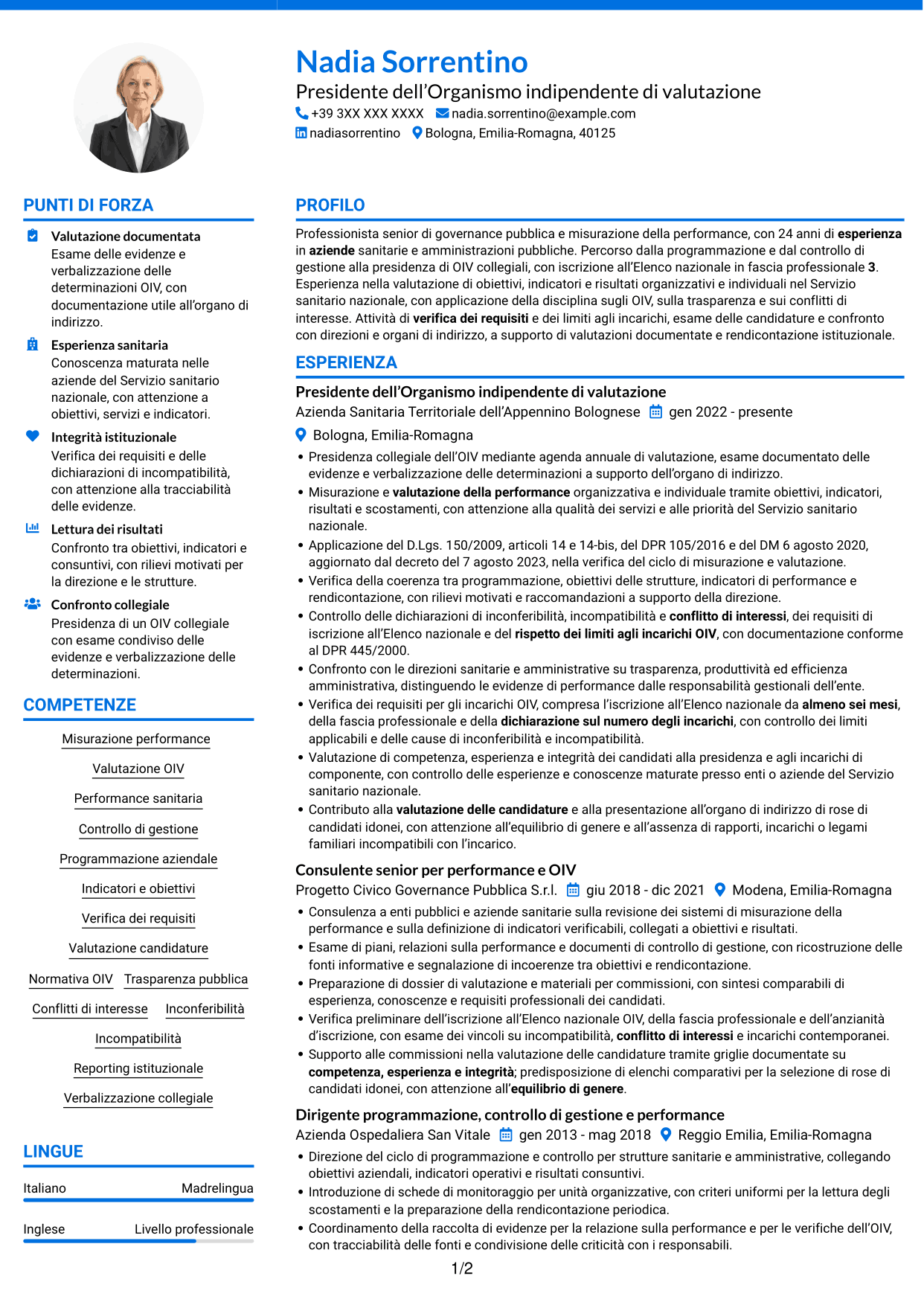 CV Audace (formato a due colonne con accenti colorati e foto): Presidente e componenti dell’OIV - Valutazione della performance sanitaria, pagina 1