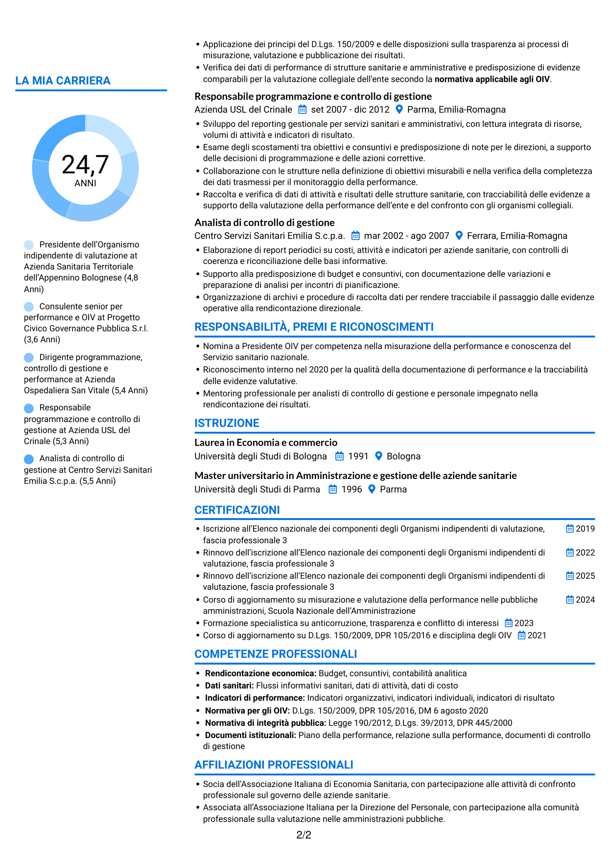 CV Audace (formato a due colonne con accenti colorati e foto): Presidente e componenti dell’OIV - Valutazione della performance sanitaria, pagina 2