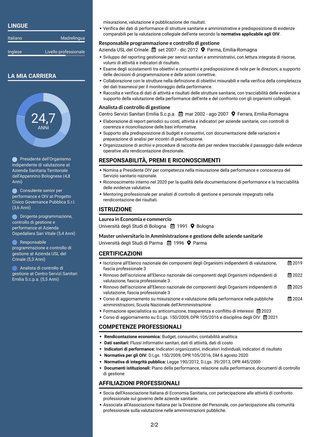 CV Signature (formato con colonna laterale colorata e foto grande): Presidente e componenti dell’OIV - Valutazione della performance sanitaria, pagina 2