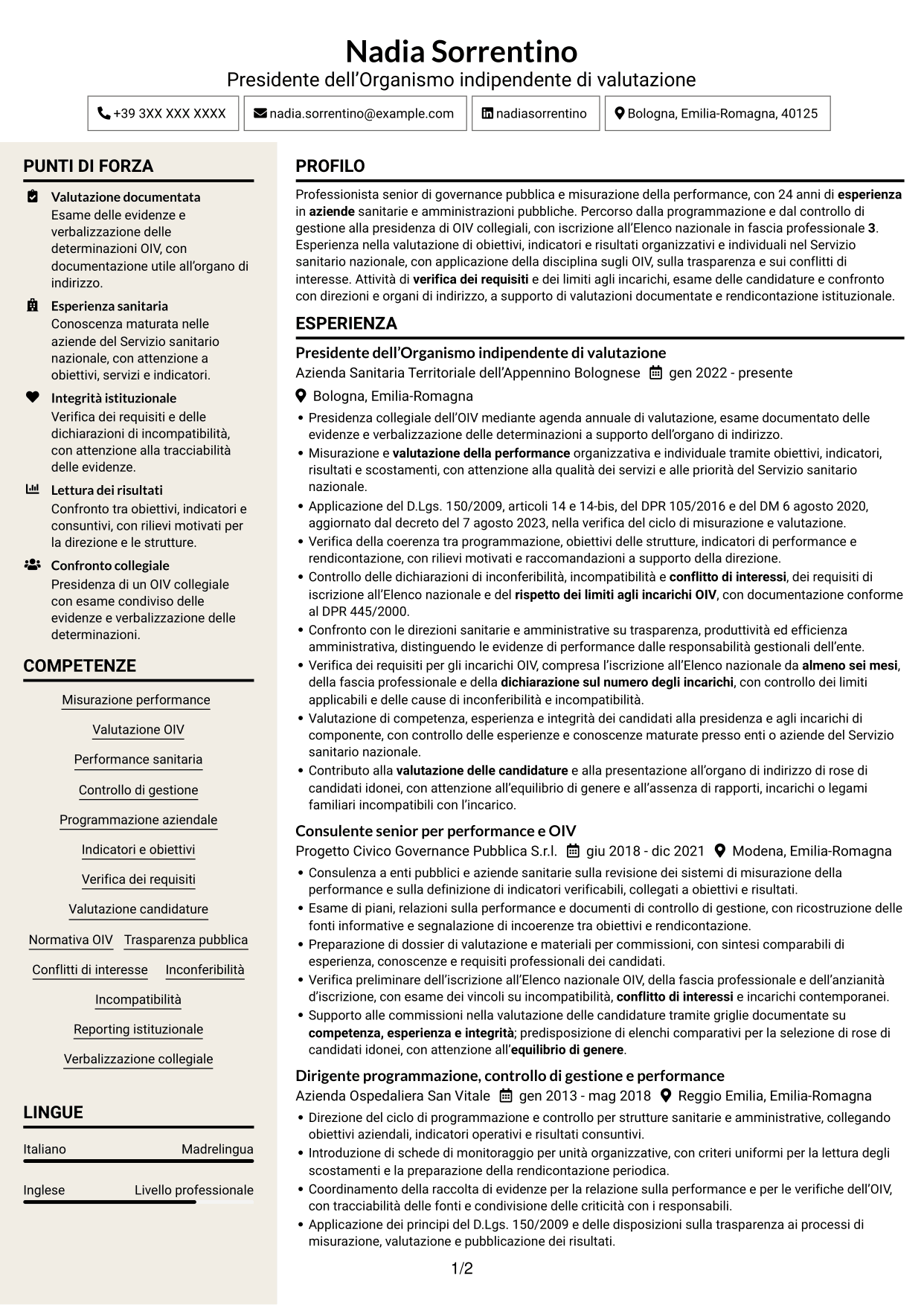 CV Intraprendente (formato a due colonne con intestazione centrata senza foto): Presidente e componenti dell’OIV - Valutazione della performance sanitaria, pagina 1