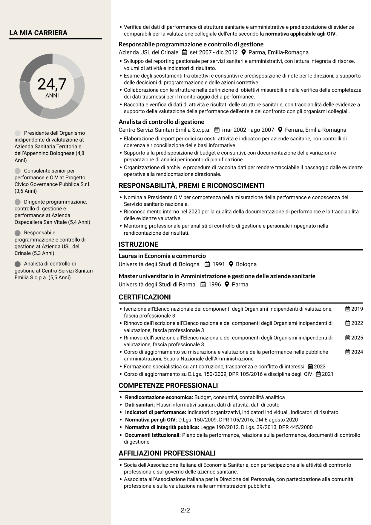 CV Intraprendente (formato a due colonne con intestazione centrata senza foto): Presidente e componenti dell’OIV - Valutazione della performance sanitaria, pagina 2