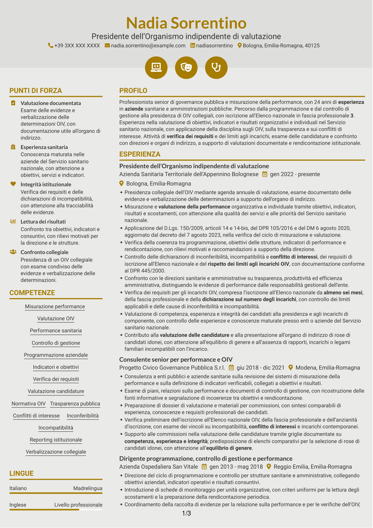 CV Dinamico (formato a due colonne con icone): Presidente e componenti dell’OIV - Valutazione della performance sanitaria, pagina 1