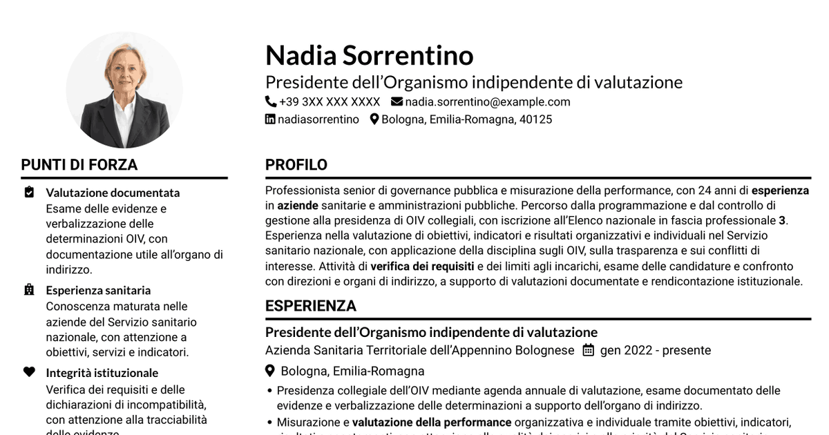 7 modelli di CV per Presidente e componenti dell’OIV - Valutazione della performance sanitaria, con esempi