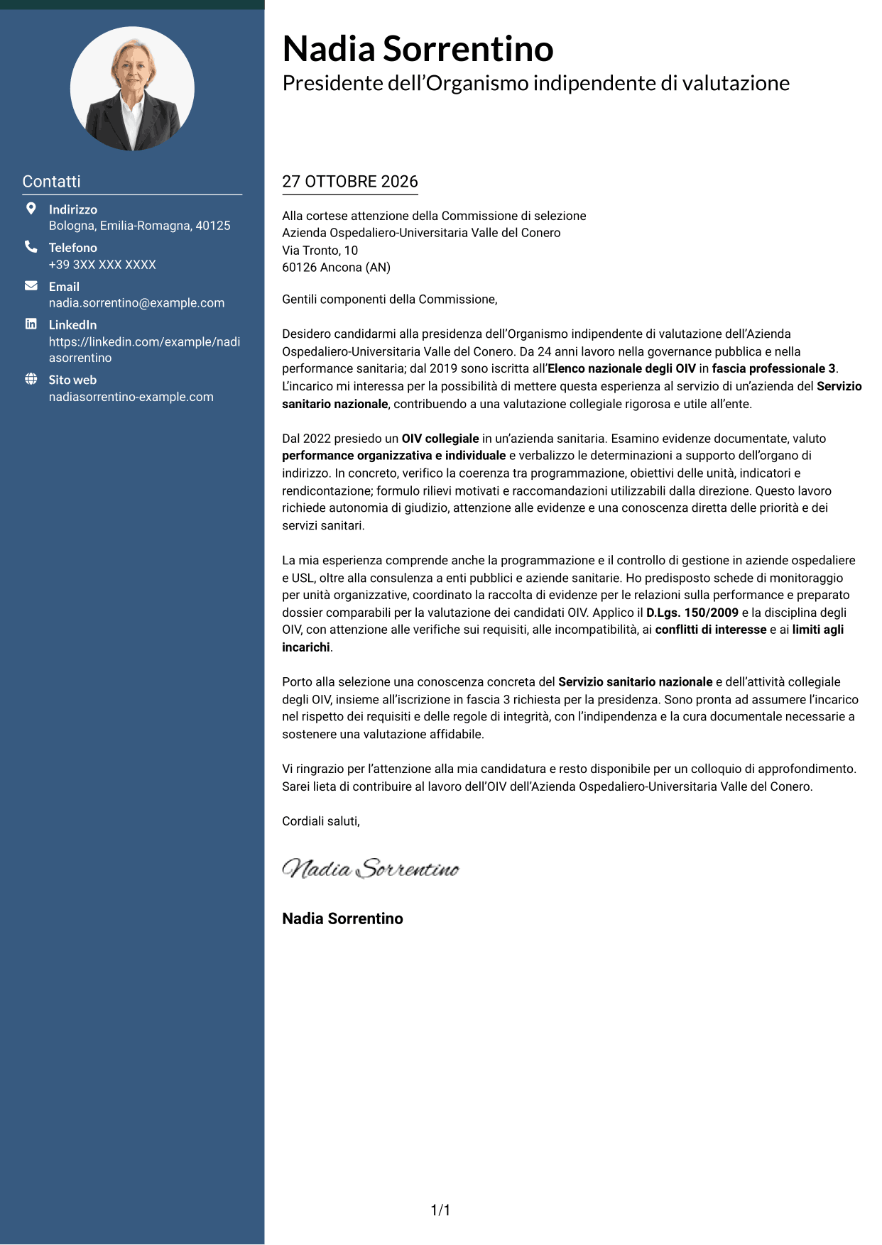 Lettera di presentazione Elegante (formato con colonna laterale colorata e foto): Presidente e componenti dell’OIV - Valutazione della performance sanitaria, pagina 1