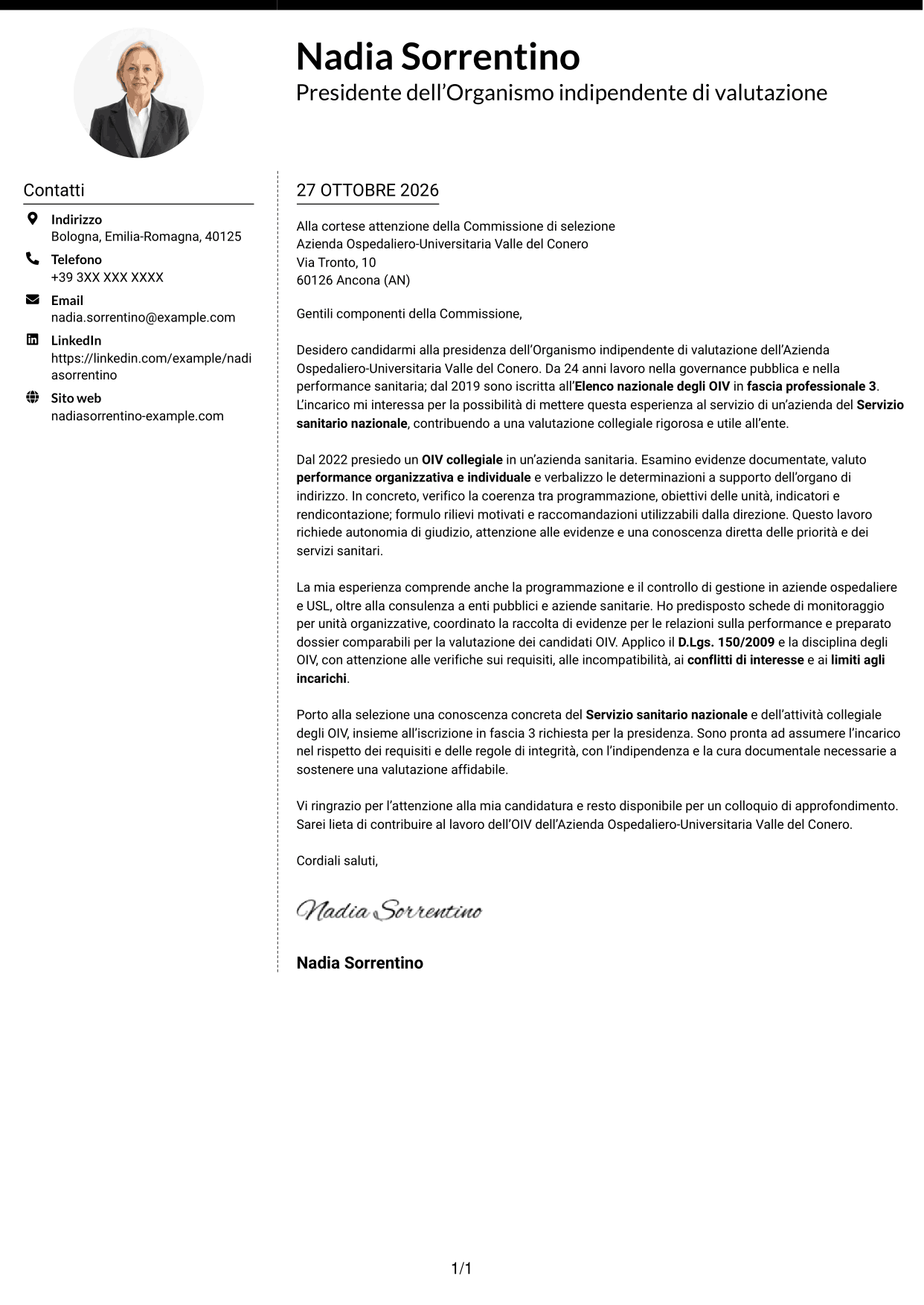 Lettera di presentazione Moderno (formato a due colonne con foto a sinistra e separatore): Presidente e componenti dell’OIV - Valutazione della performance sanitaria, pagina 1