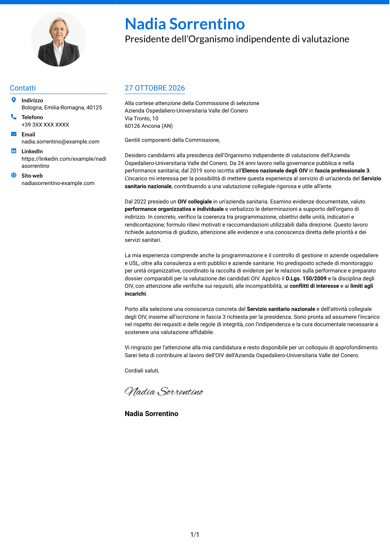 Lettera di presentazione Audace (formato a due colonne con accenti colorati e foto): Presidente e componenti dell’OIV - Valutazione della performance sanitaria, pagina 1
