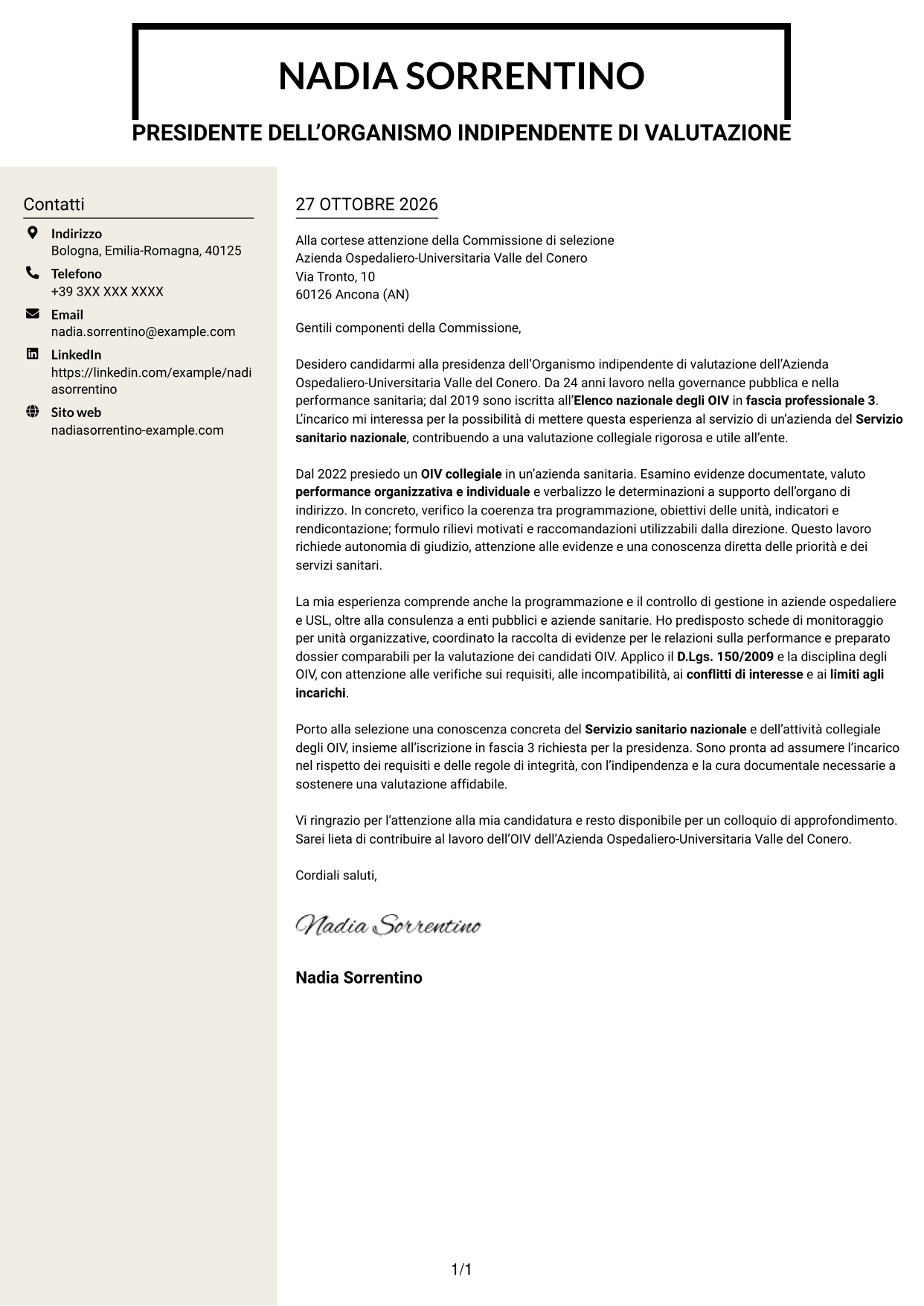Lettera di presentazione Intraprendente (formato a due colonne con intestazione centrata senza foto): Presidente e componenti dell’OIV - Valutazione della performance sanitaria, pagina 1