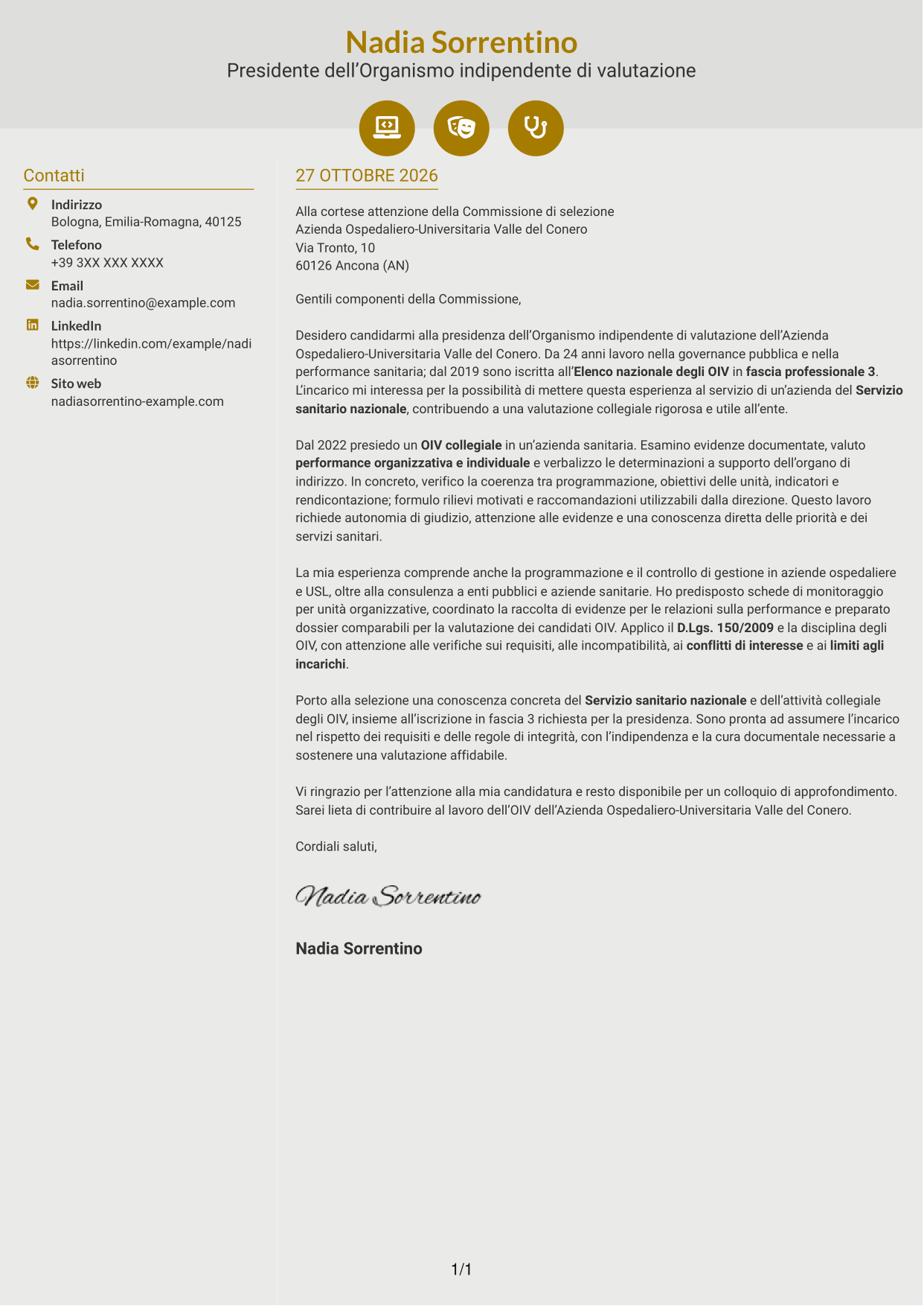 Lettera di presentazione Dinamico (formato a due colonne con icone): Presidente e componenti dell’OIV - Valutazione della performance sanitaria, pagina 1