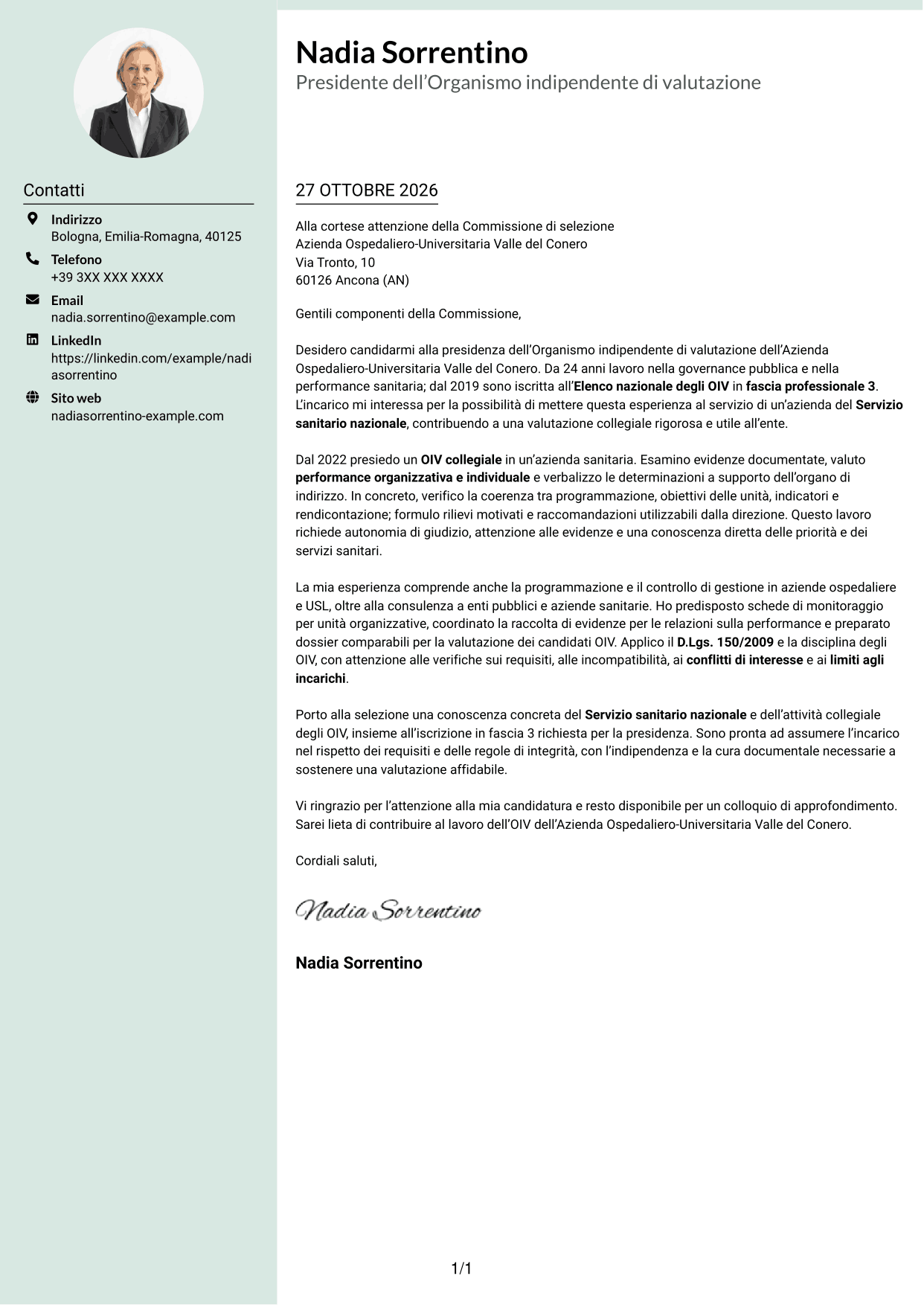 Lettera di presentazione Dirigente (formato con colonna laterale tenue e foto arrotondata): Presidente e componenti dell’OIV - Valutazione della performance sanitaria, pagina 1