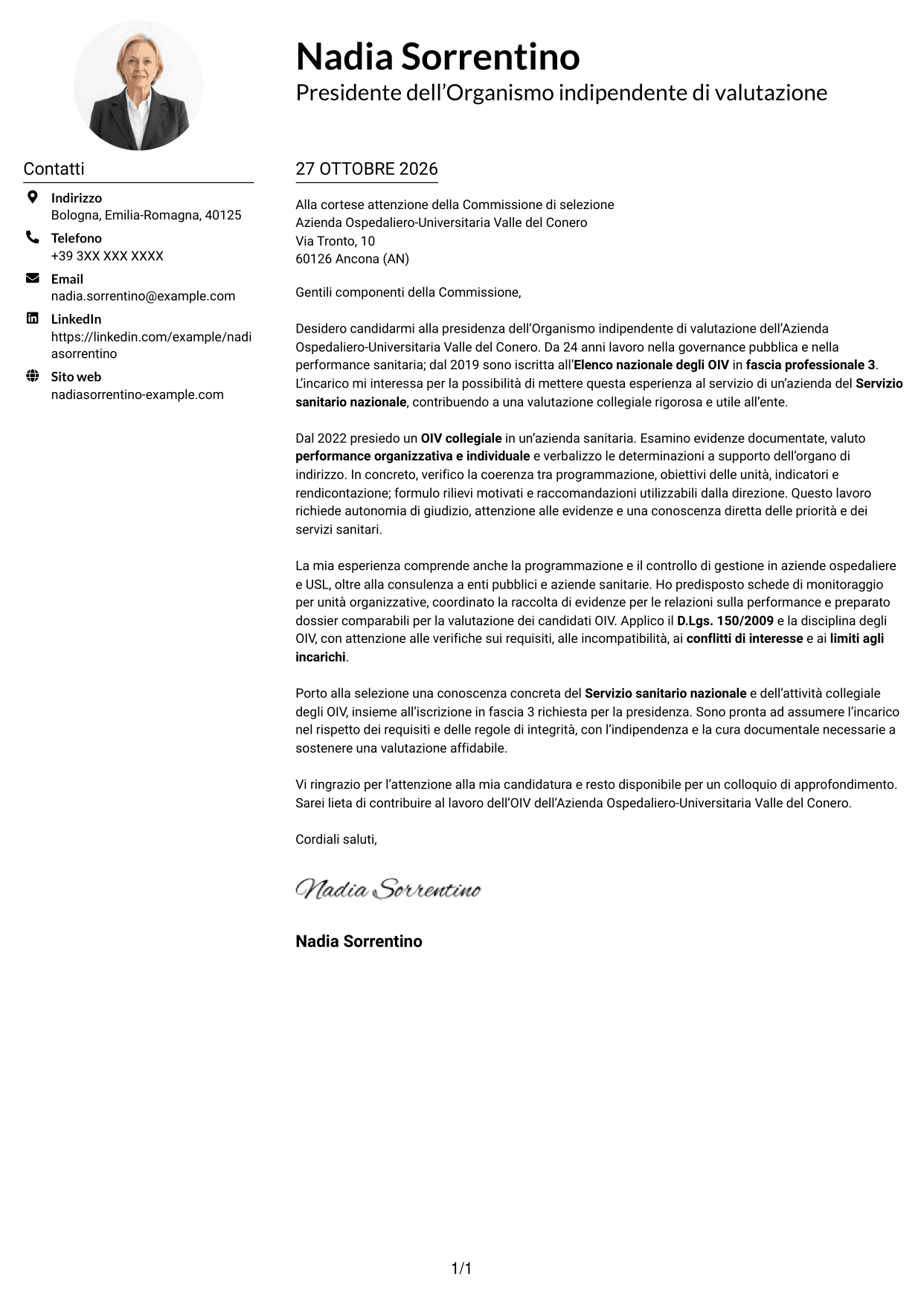 Esempio di lettera di presentazione — pagina 1
