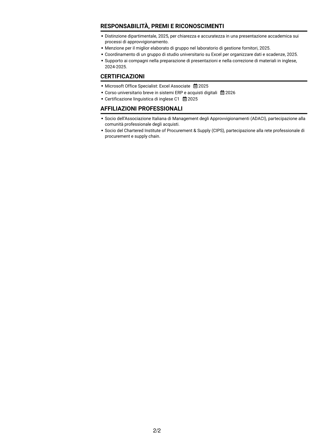 CV Compatto (formato sobrio a due colonne con foto): Procurement Analyst - Sistemi di procurement digitale, pagina 2
