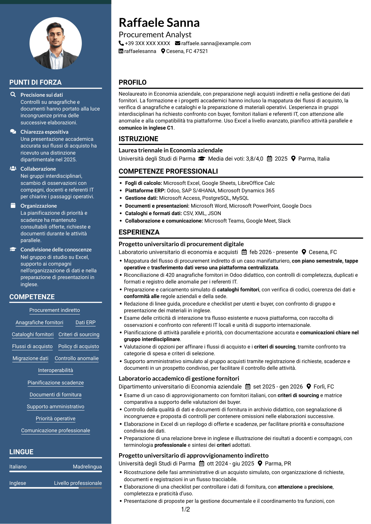 CV Elegante (formato con colonna laterale colorata e foto): Procurement Analyst - Sistemi di procurement digitale, pagina 1