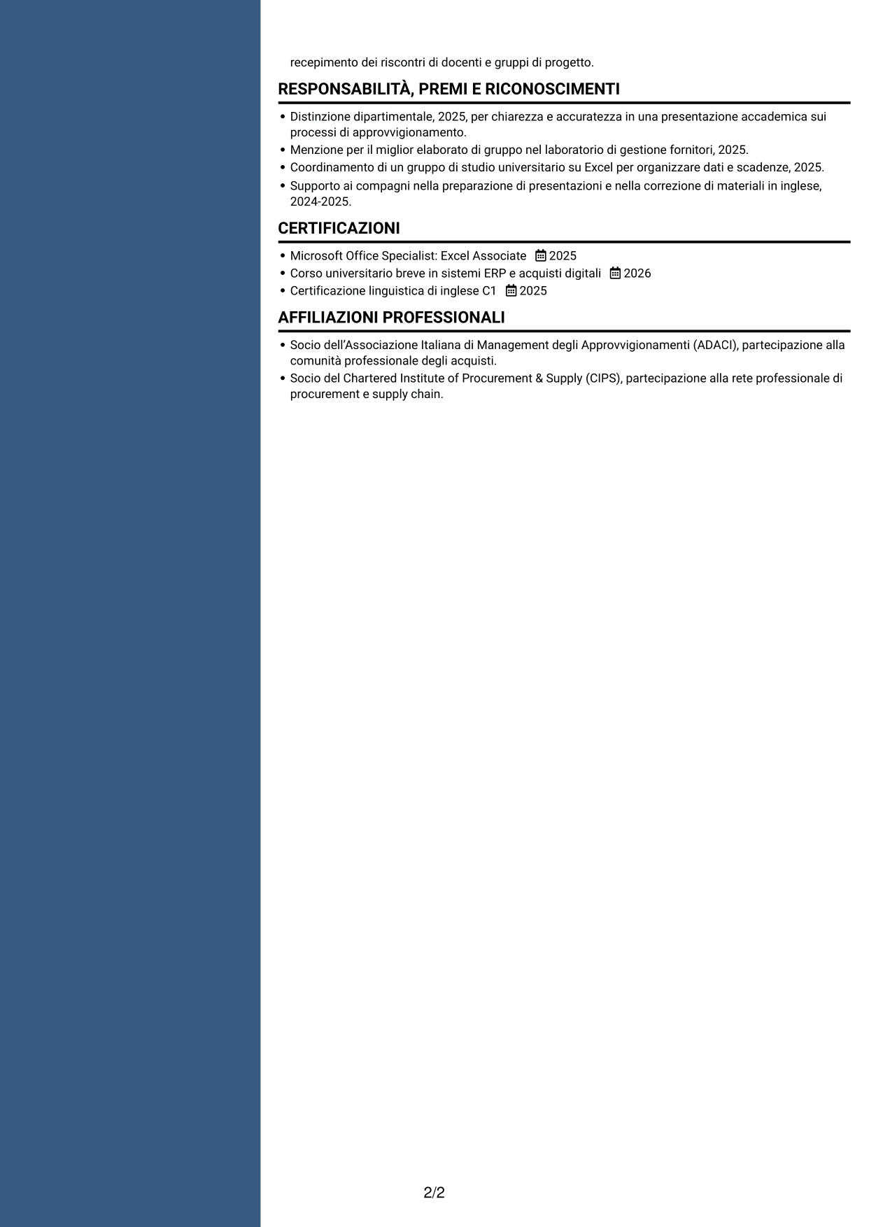 CV Elegante (formato con colonna laterale colorata e foto): Procurement Analyst - Sistemi di procurement digitale, pagina 2