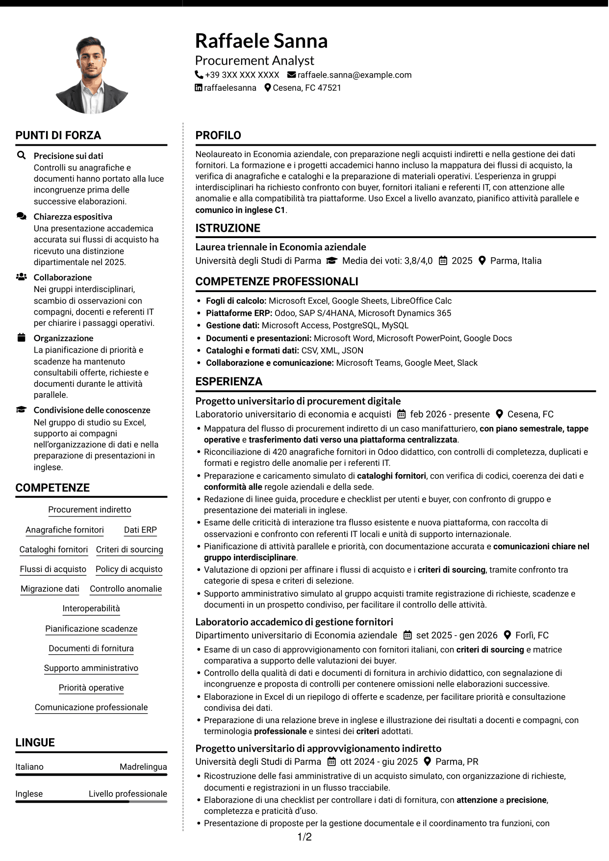 CV Moderno (formato a due colonne con foto a sinistra e separatore): Procurement Analyst - Sistemi di procurement digitale, pagina 1