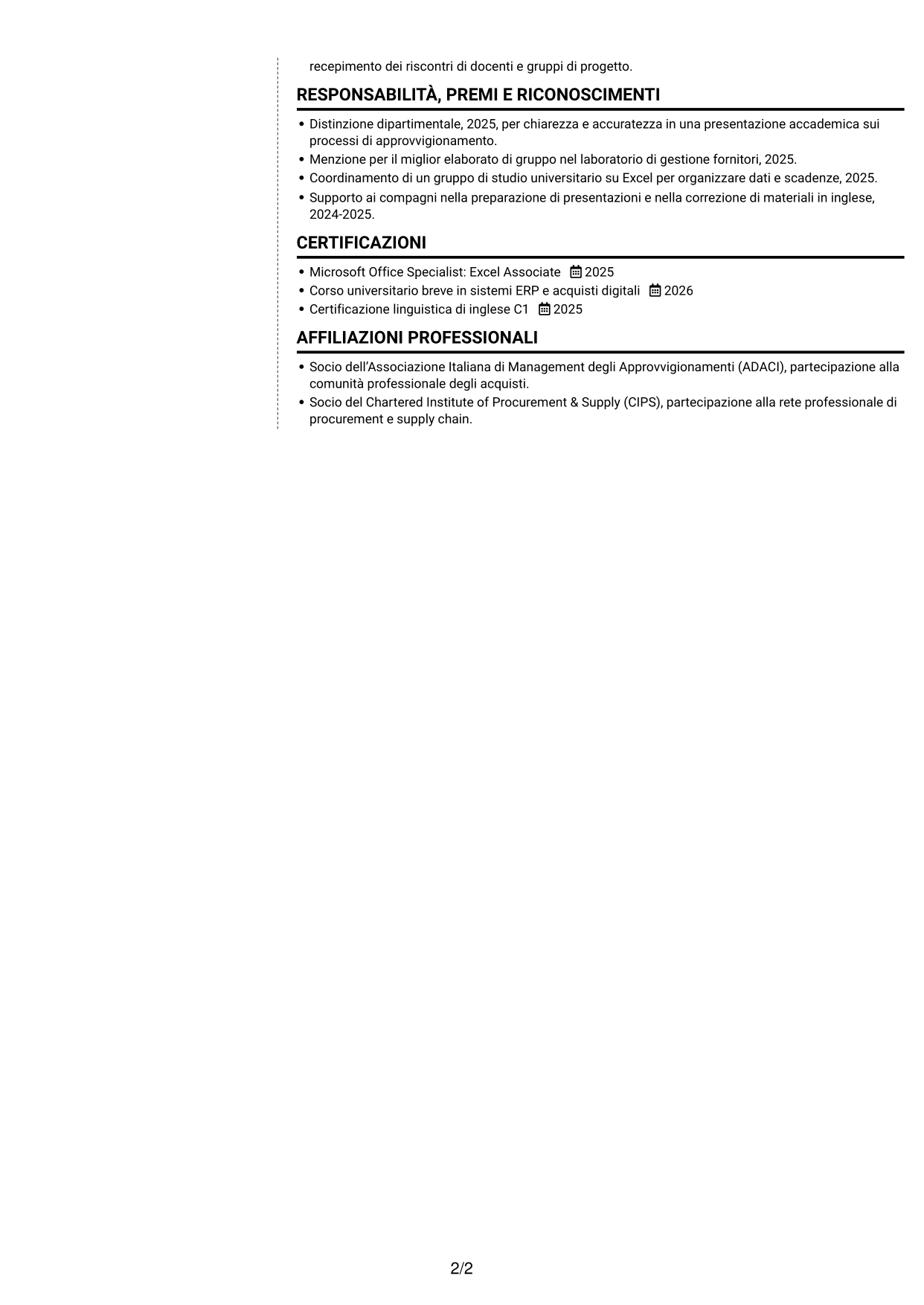 CV Moderno (formato a due colonne con foto a sinistra e separatore): Procurement Analyst - Sistemi di procurement digitale, pagina 2
