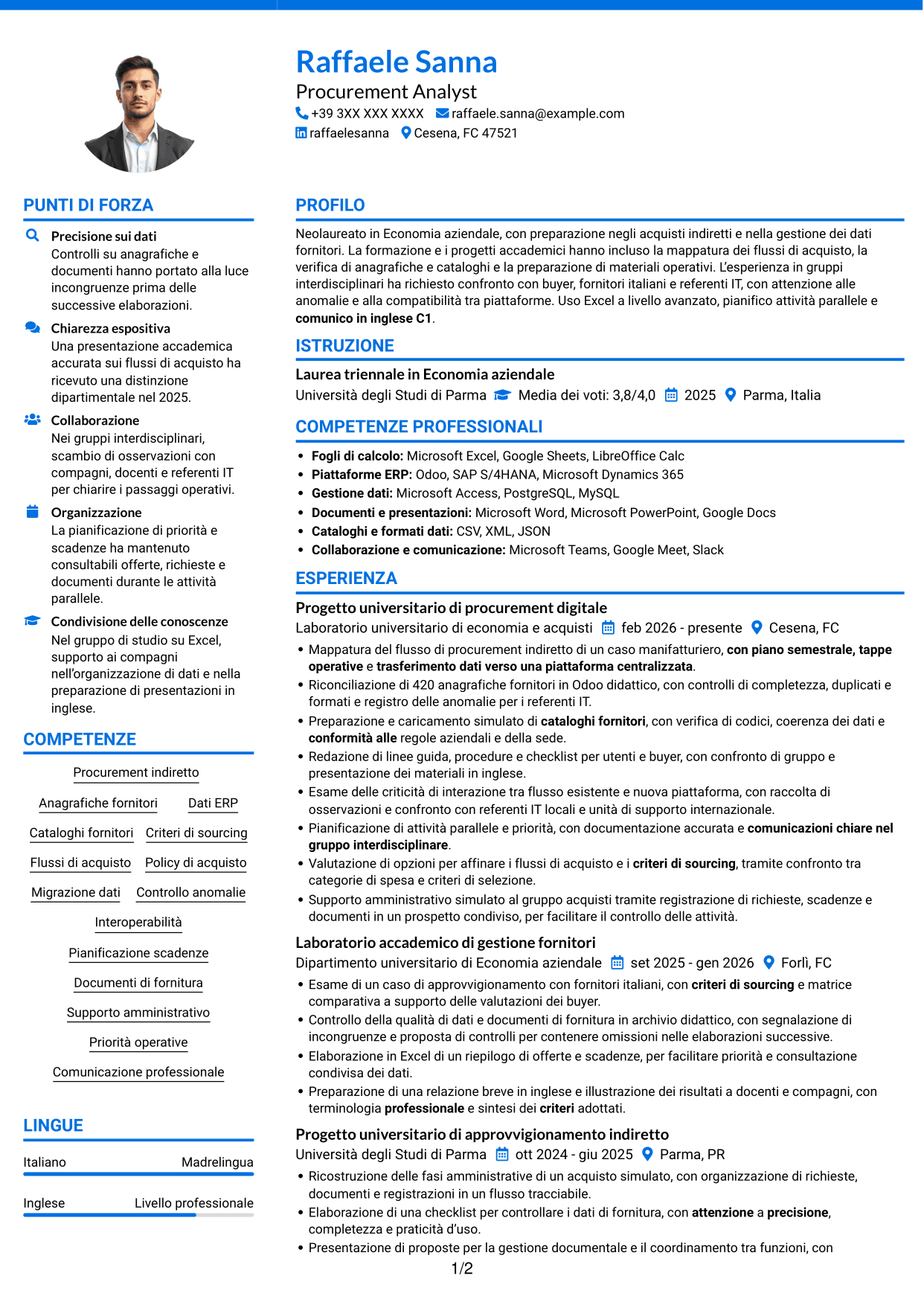 CV Audace (formato a due colonne con accenti colorati e foto): Procurement Analyst - Sistemi di procurement digitale, pagina 1