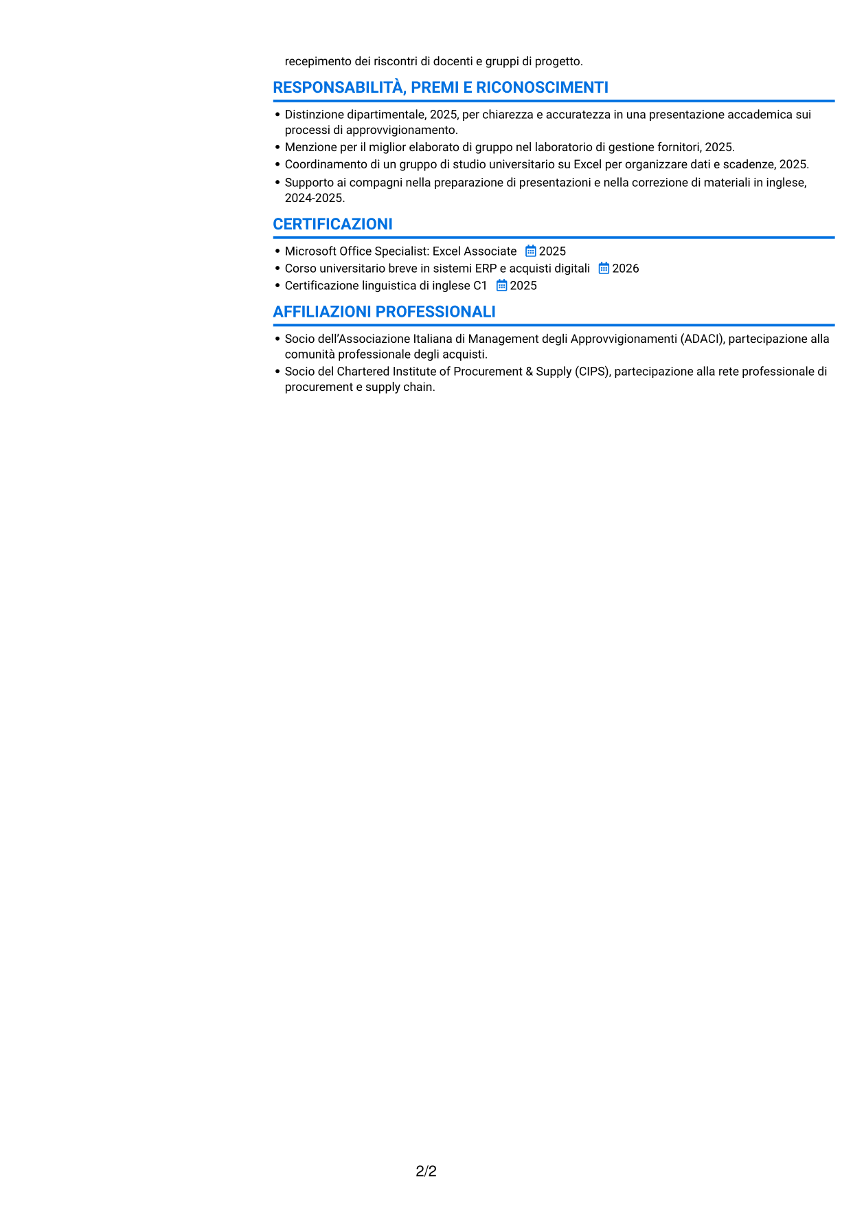 CV Audace (formato a due colonne con accenti colorati e foto): Procurement Analyst - Sistemi di procurement digitale, pagina 2