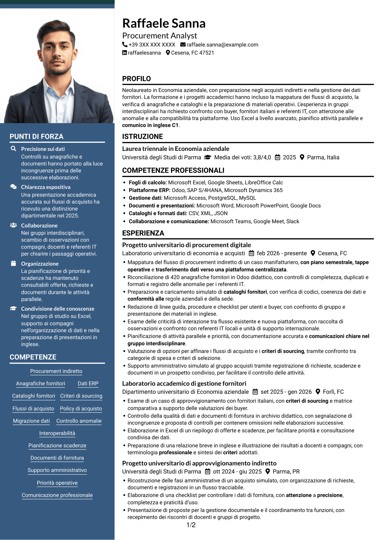CV Signature (formato con colonna laterale colorata e foto grande): Procurement Analyst - Sistemi di procurement digitale, pagina 1