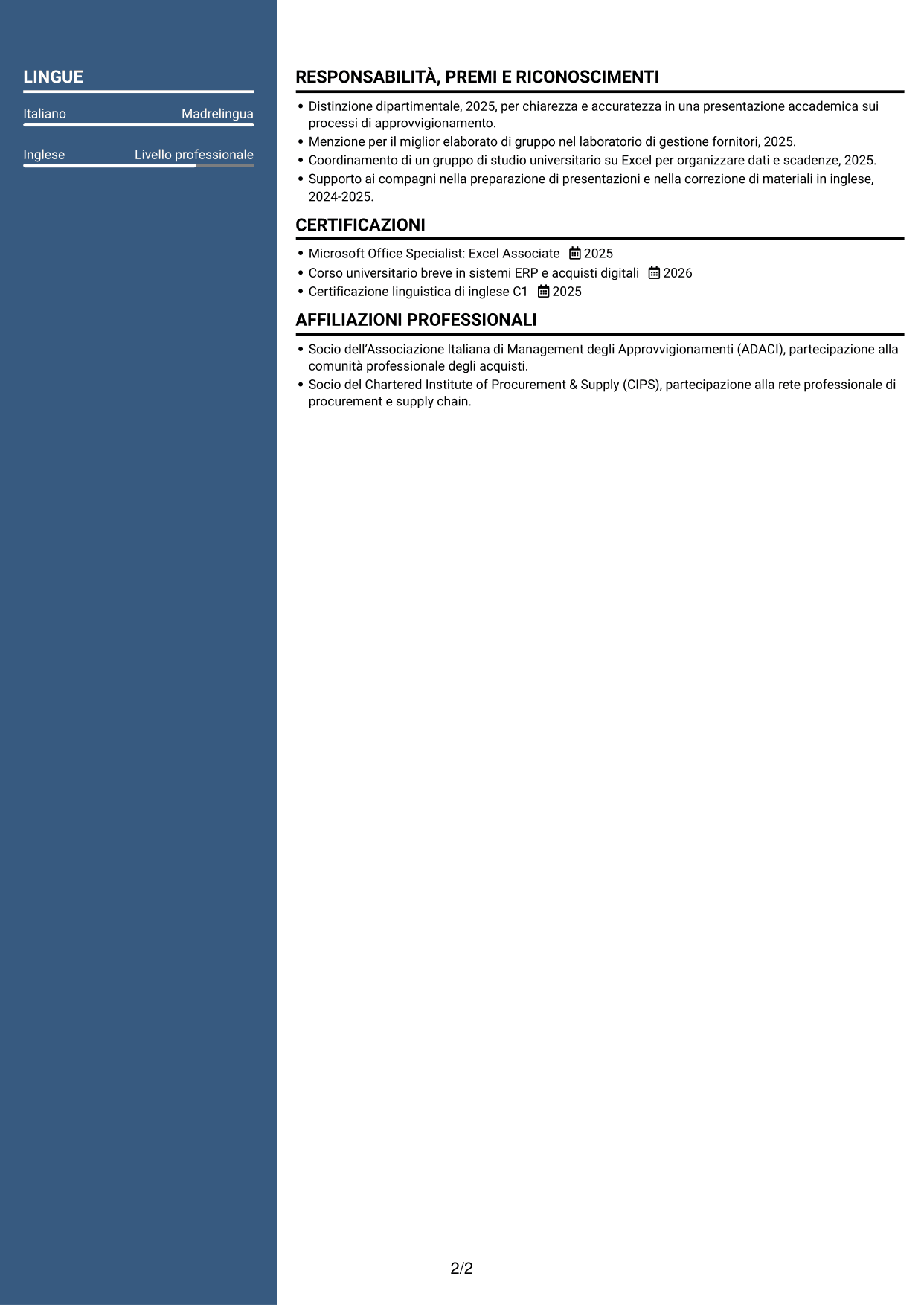CV Signature (formato con colonna laterale colorata e foto grande): Procurement Analyst - Sistemi di procurement digitale, pagina 2