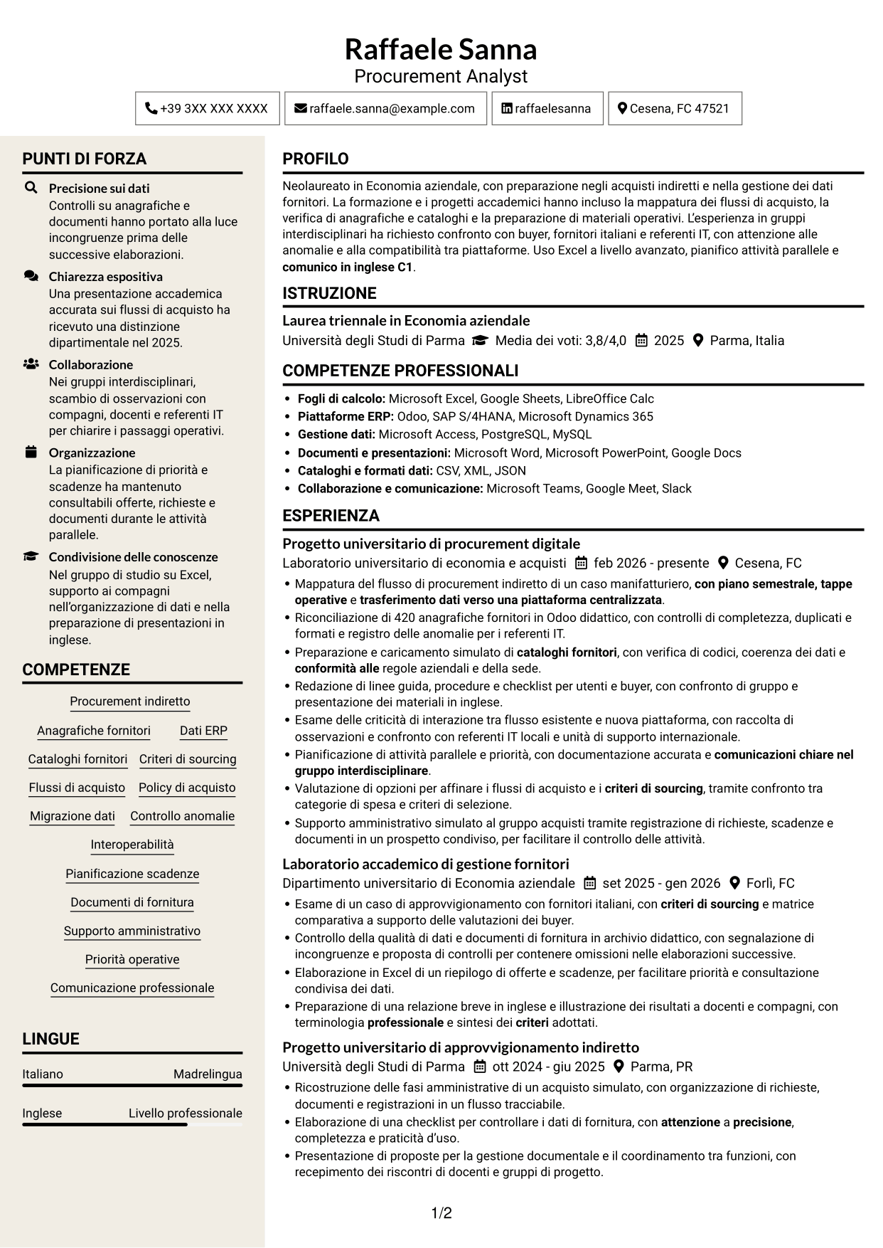 CV Intraprendente (formato a due colonne con intestazione centrata senza foto): Procurement Analyst - Sistemi di procurement digitale, pagina 1